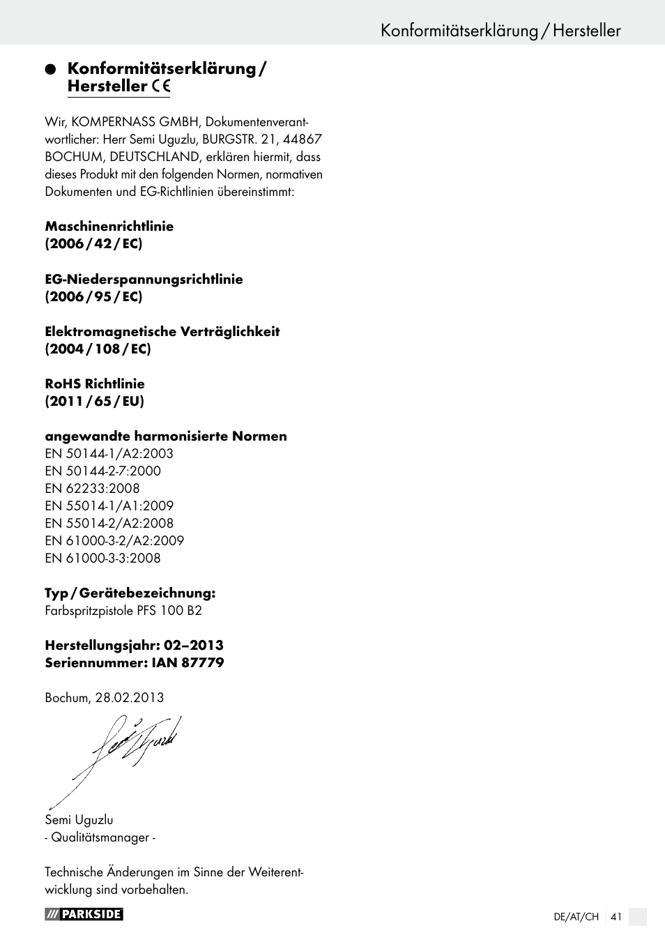 Konformitätserklärung / hersteller | Parkside PFS 100 B2 User Manual | Page 41 / 42