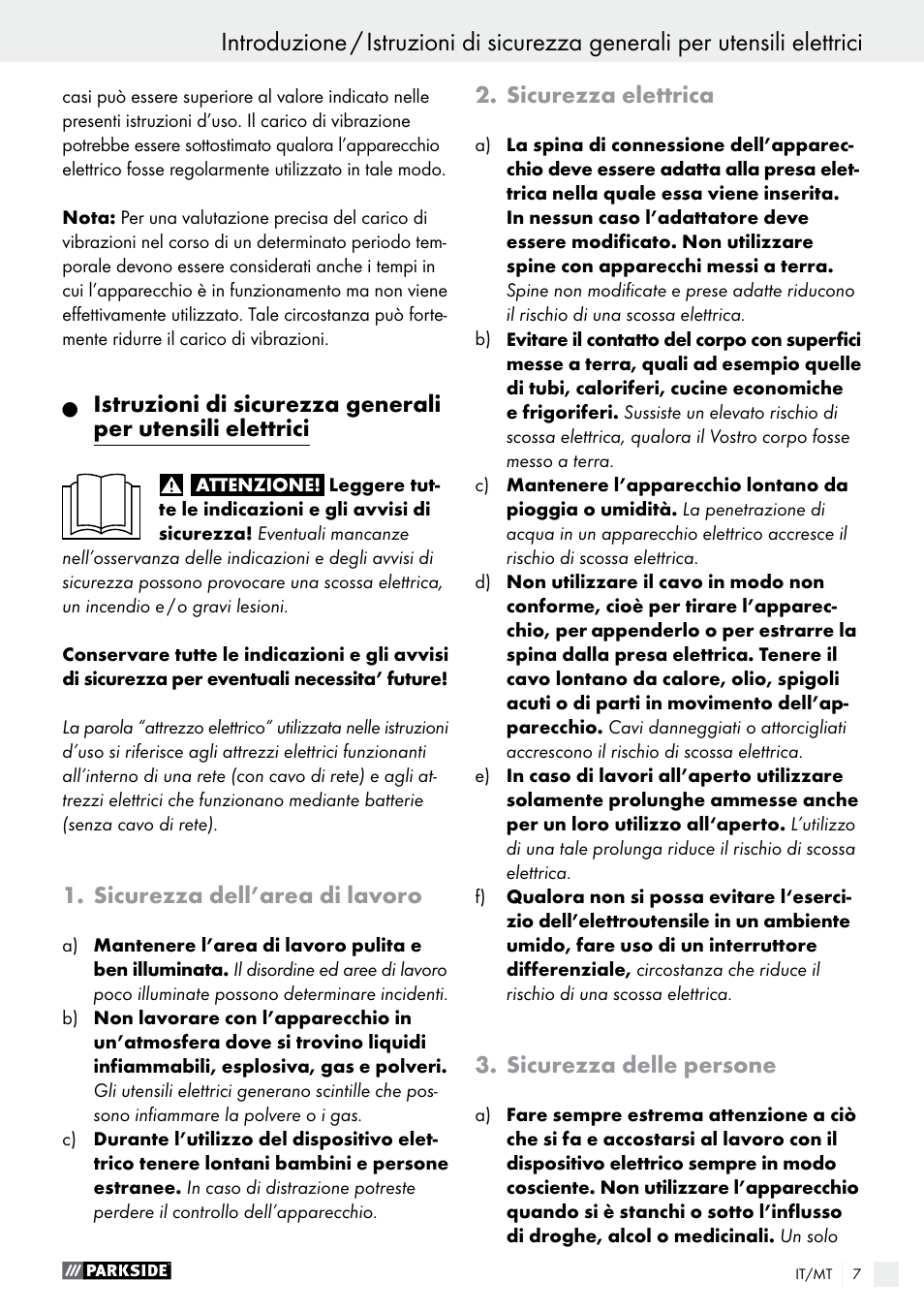 Introduzione, Sicurezza dell’area di lavoro, Sicurezza elettrica | Sicurezza delle persone | Parkside PFS 100 B2 User Manual | Page 7 / 42