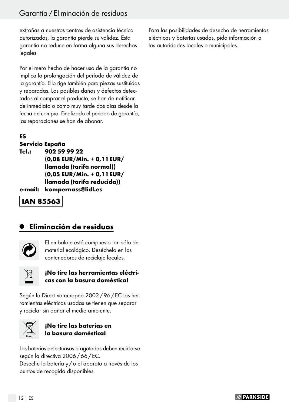 Eliminación de residuos | Parkside PAS 7.2 A1 User Manual | Page 12 / 50