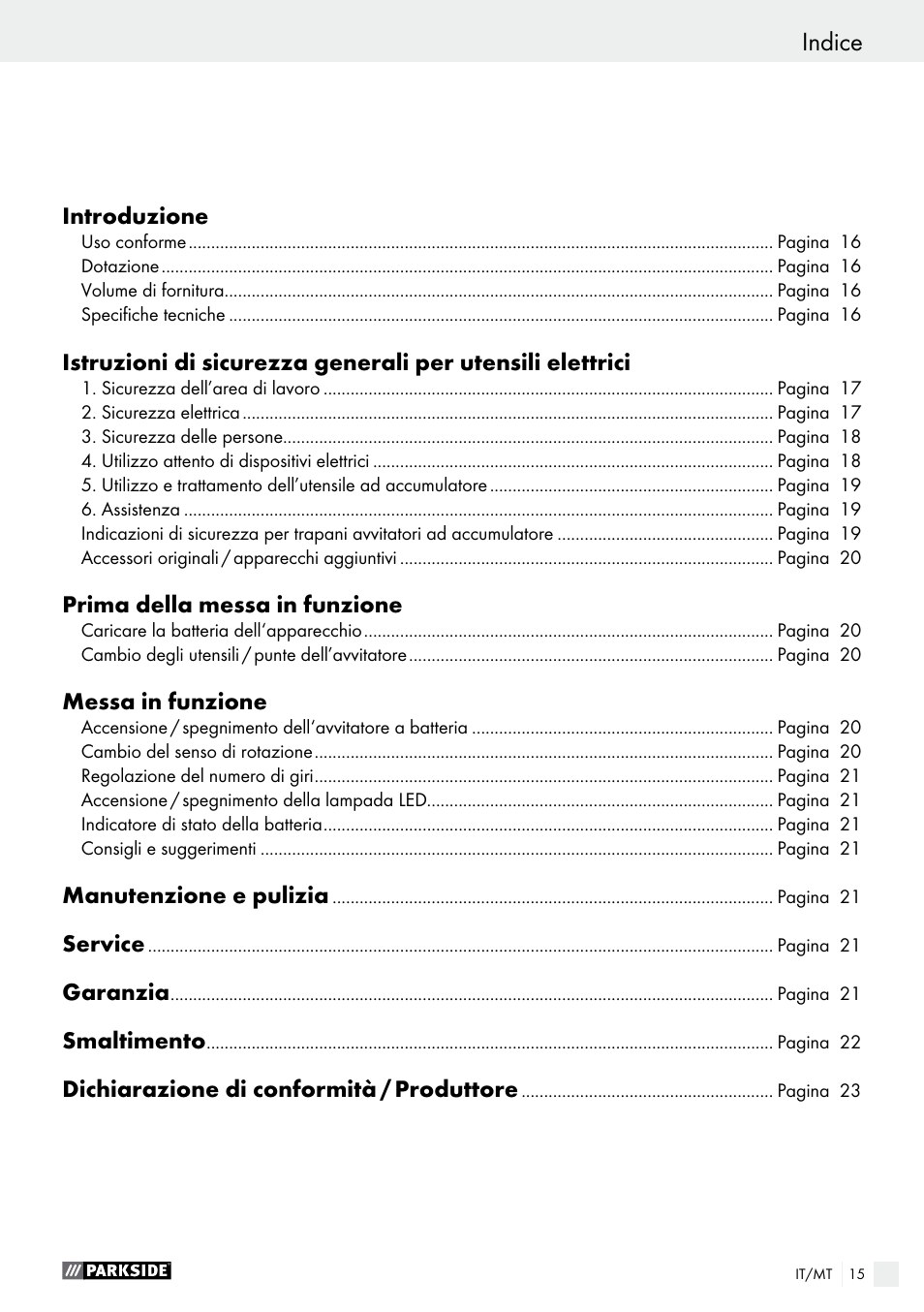 Indice | Parkside PAS 7.2 A1 User Manual | Page 15 / 50