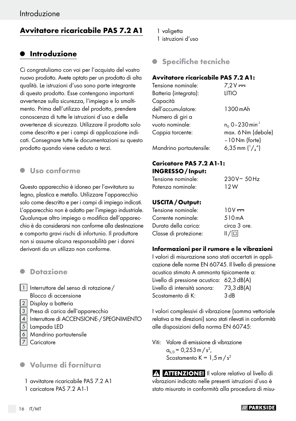 Avvitatore ricaricabile pas 7.2 a1, Introduzione, Uso conforme | Dotazione, Volume di fornitura, Specifiche tecniche | Parkside PAS 7.2 A1 User Manual | Page 16 / 50