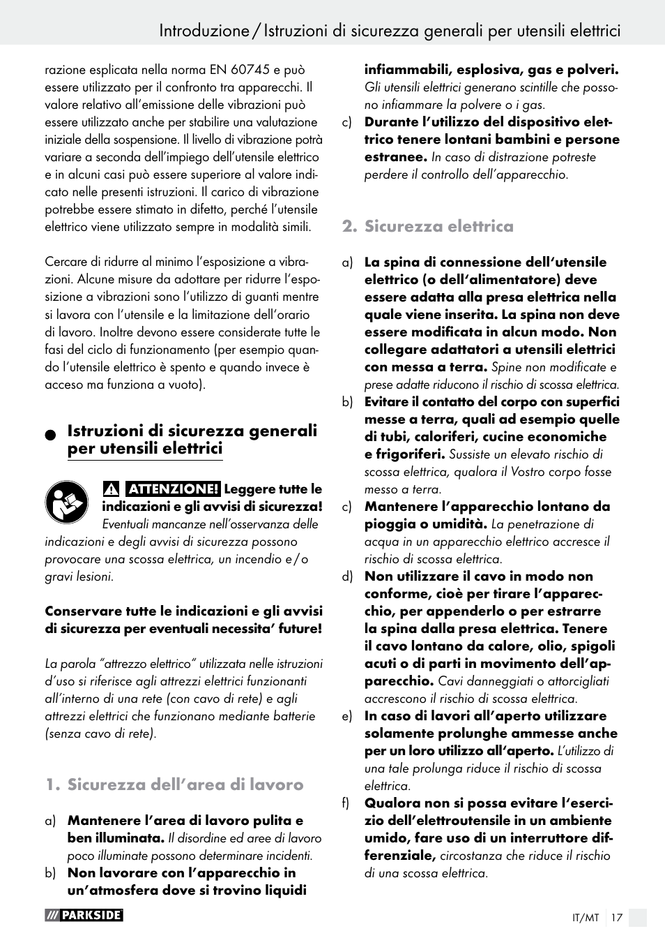 Sicurezza dell’area di lavoro, Sicurezza elettrica | Parkside PAS 7.2 A1 User Manual | Page 17 / 50