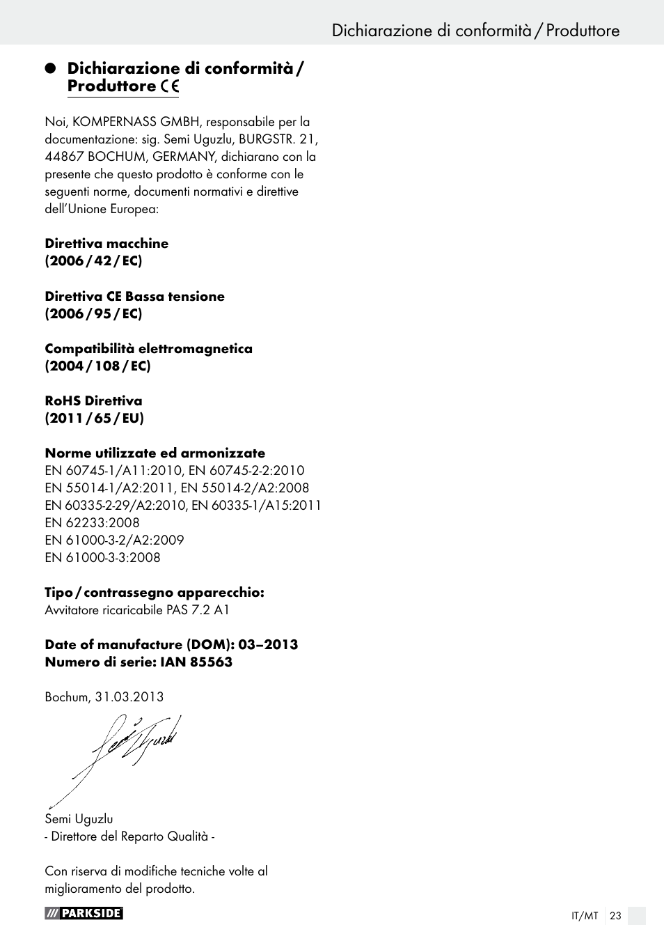 Dichiarazione di conformità / produttore, Garanzia / smaltimento | Parkside PAS 7.2 A1 User Manual | Page 23 / 50