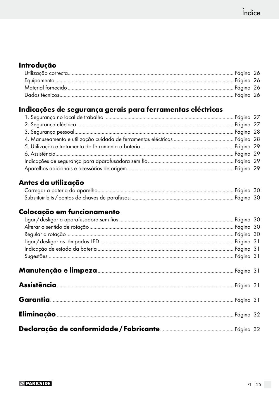 Índice | Parkside PAS 7.2 A1 User Manual | Page 25 / 50