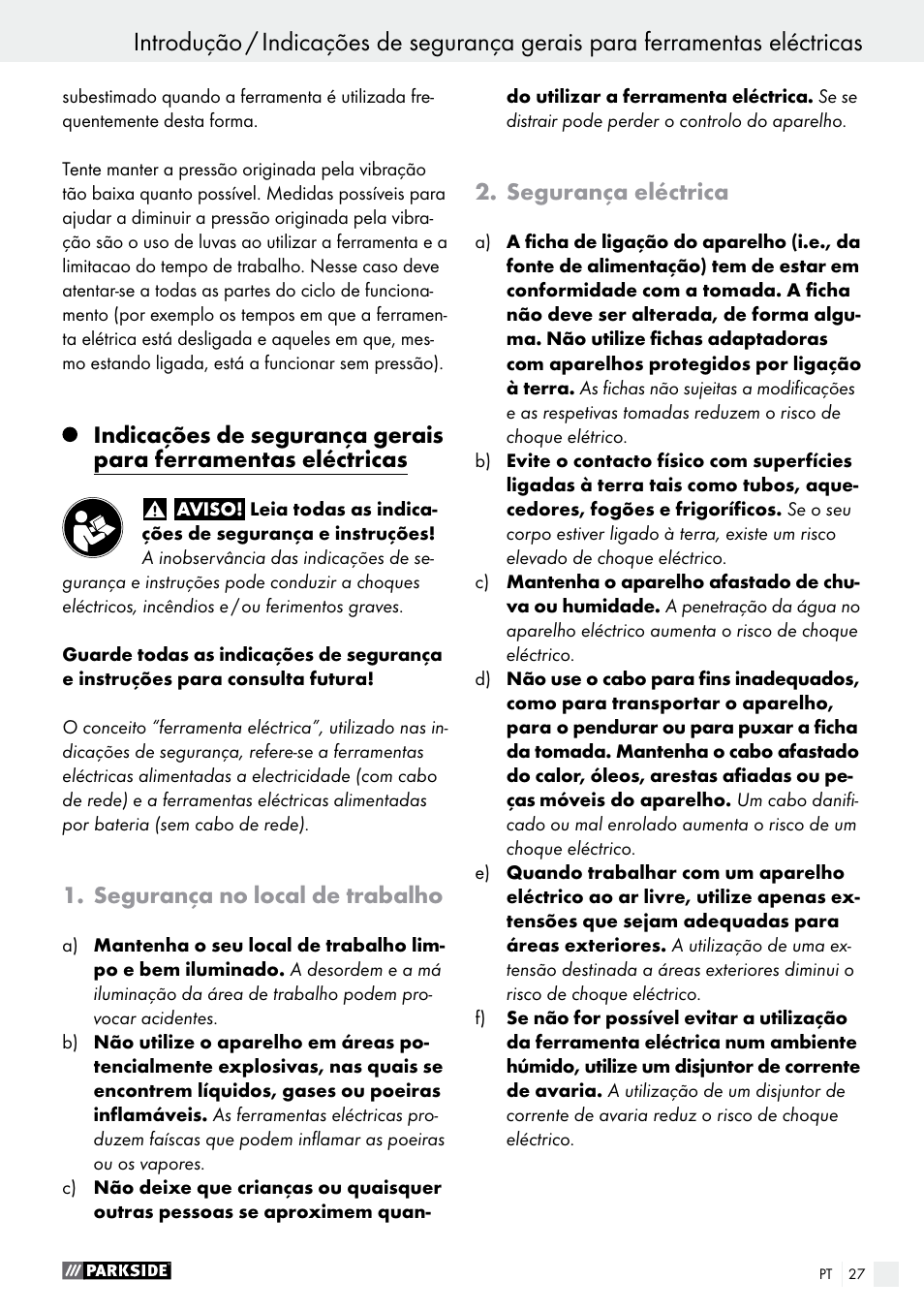 Segurança no local de trabalho, Segurança eléctrica | Parkside PAS 7.2 A1 User Manual | Page 27 / 50