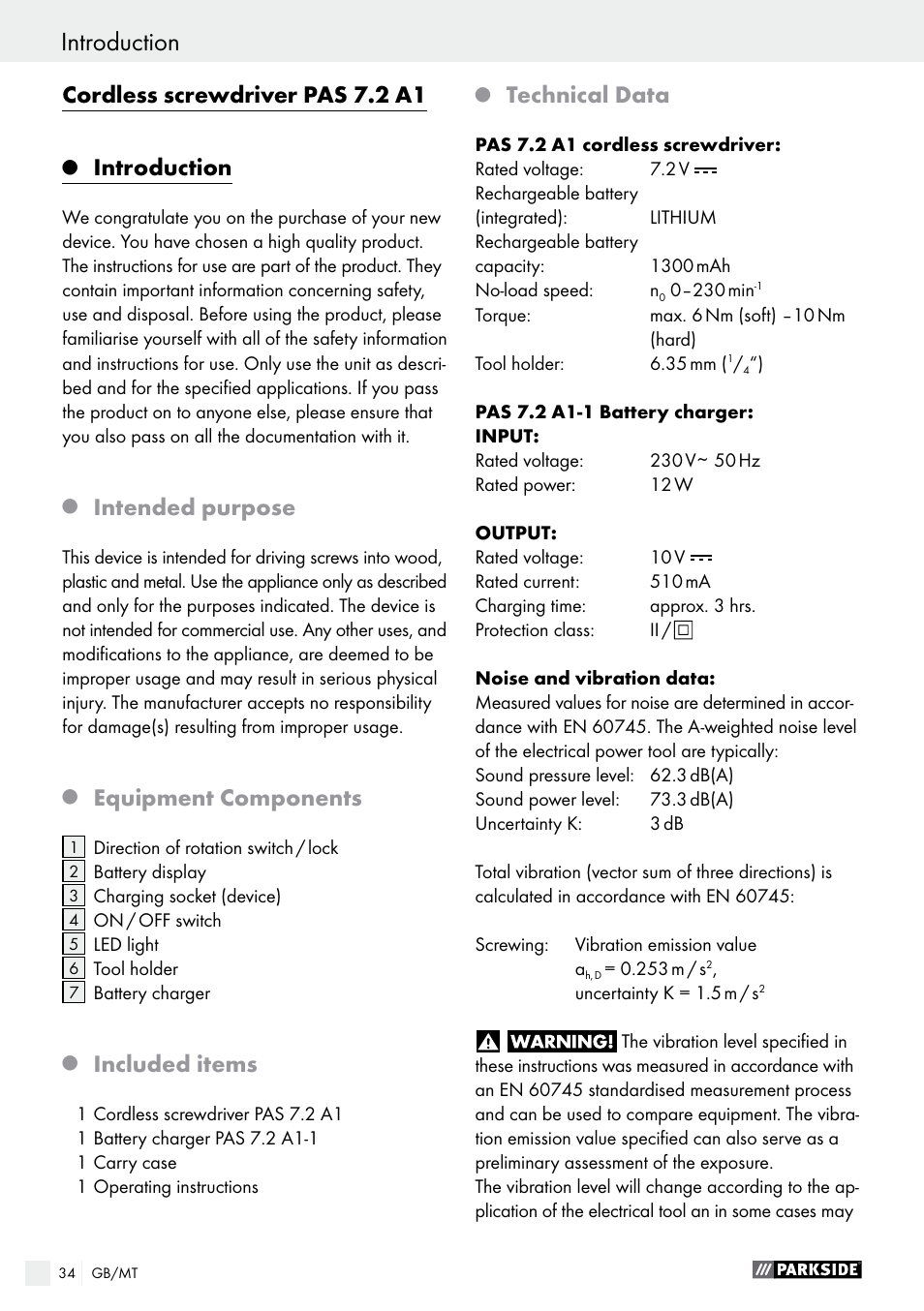 Cordless screwdriver pas 7.2 a1, Introduction, Intended purpose | Equipment components, Included items, Technical data | Parkside PAS 7.2 A1 User Manual | Page 34 / 50