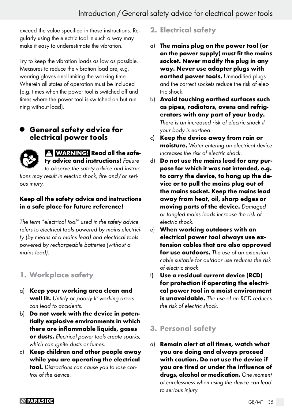 General safety advice for electrical power tools, Workplace safety, Electrical safety | Personal safety | Parkside PAS 7.2 A1 User Manual | Page 35 / 50