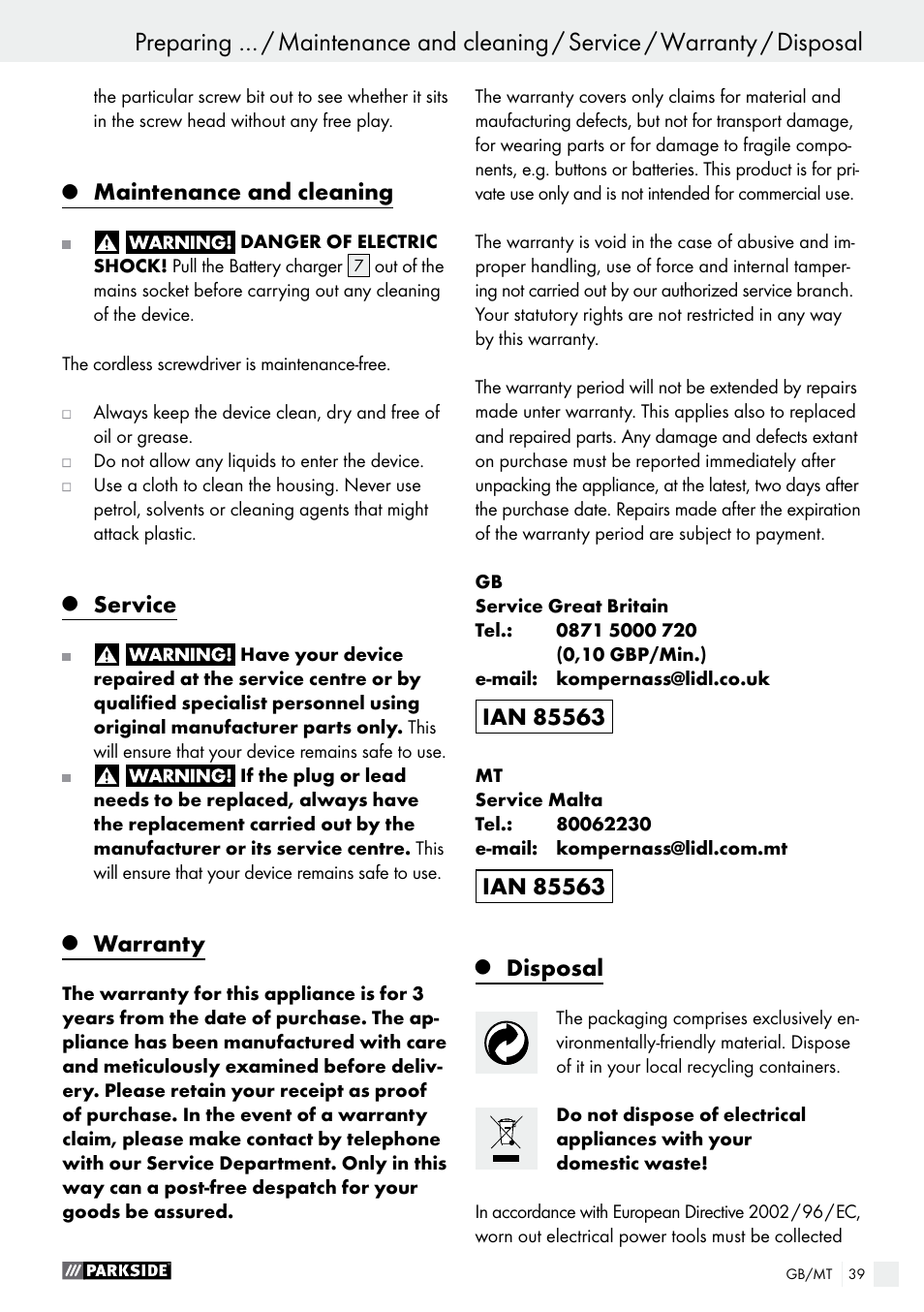 Maintenance and cleaning, Service, Warranty | Disposal | Parkside PAS 7.2 A1 User Manual | Page 39 / 50