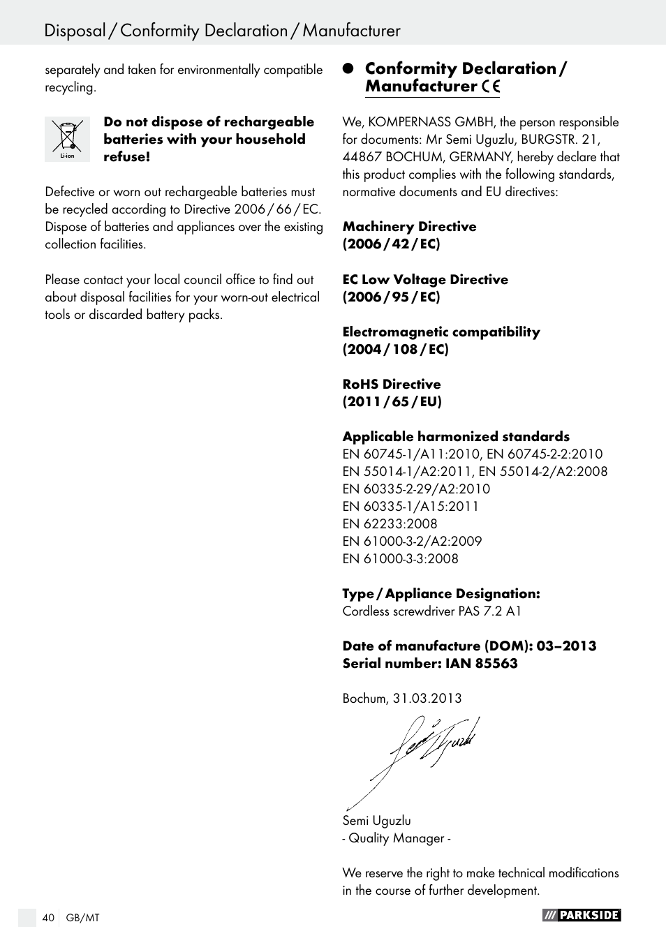 Conformity declaration / manufacturer | Parkside PAS 7.2 A1 User Manual | Page 40 / 50
