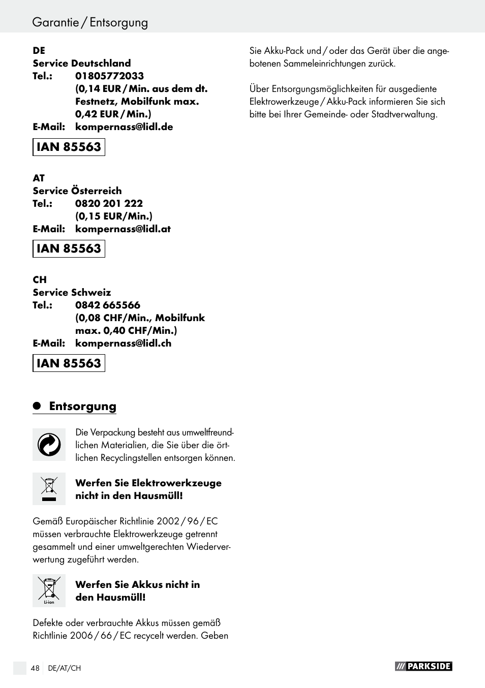 Entsorgung | Parkside PAS 7.2 A1 User Manual | Page 48 / 50