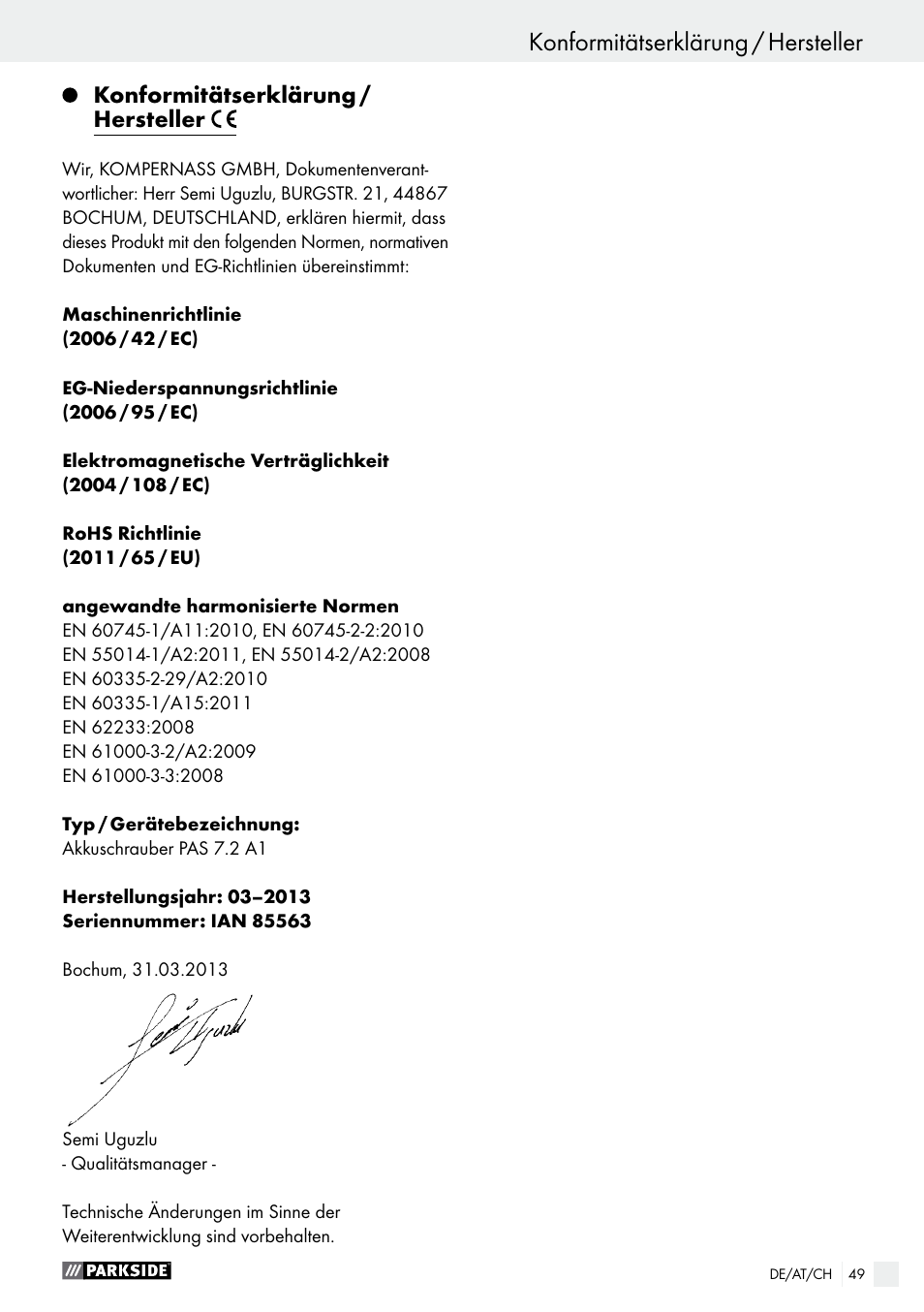 Konformitätserklärung / hersteller | Parkside PAS 7.2 A1 User Manual | Page 49 / 50