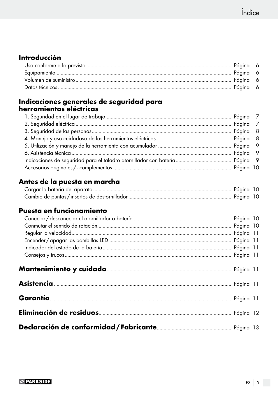 Índice | Parkside PAS 7.2 A1 User Manual | Page 5 / 50