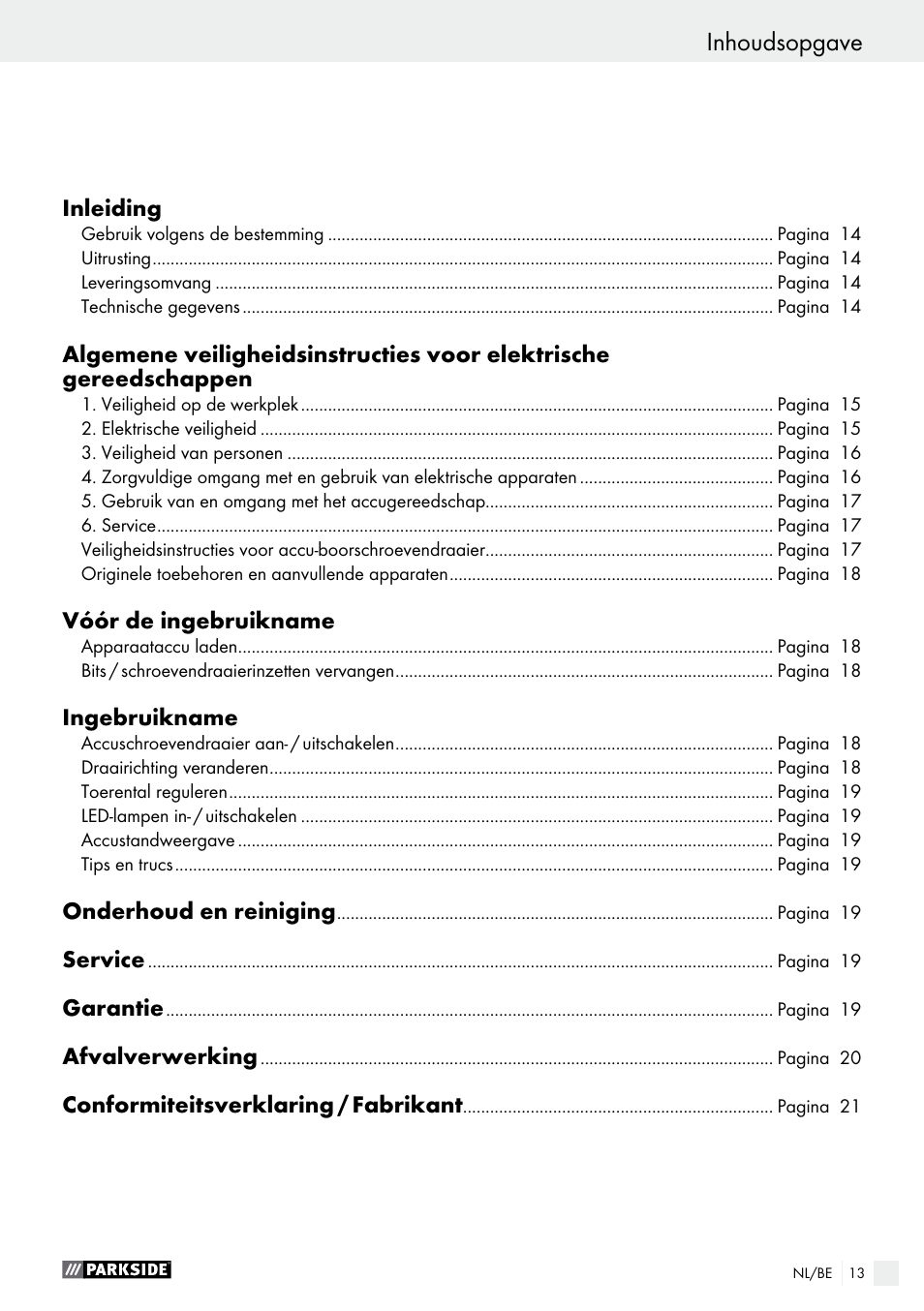 Inhoudsopgave | Parkside PAS 7.2 A1 User Manual | Page 13 / 41