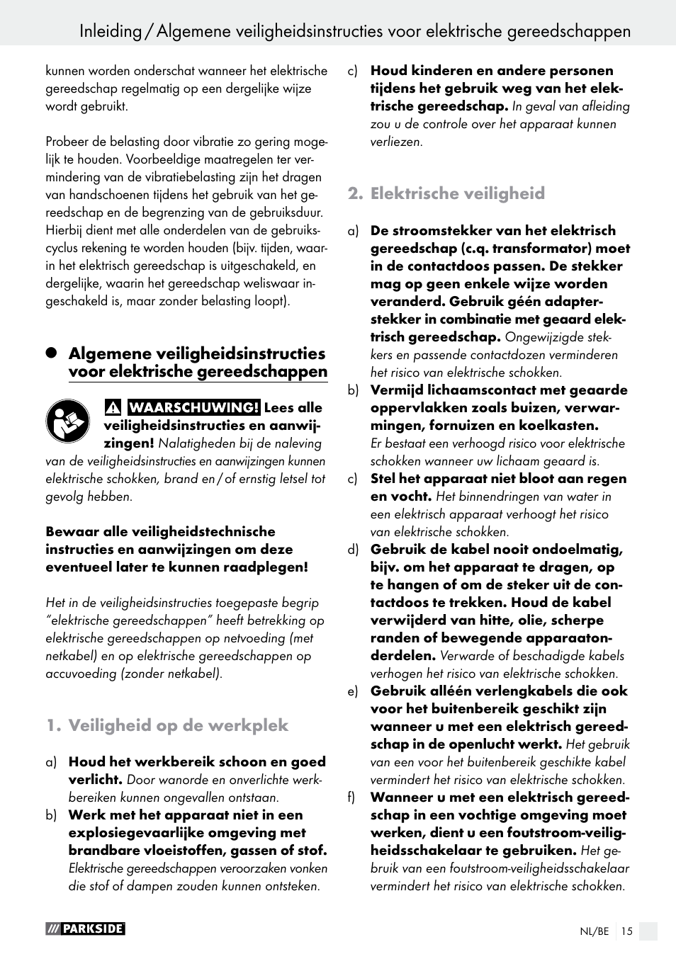 Veiligheid op de werkplek, Elektrische veiligheid | Parkside PAS 7.2 A1 User Manual | Page 15 / 41
