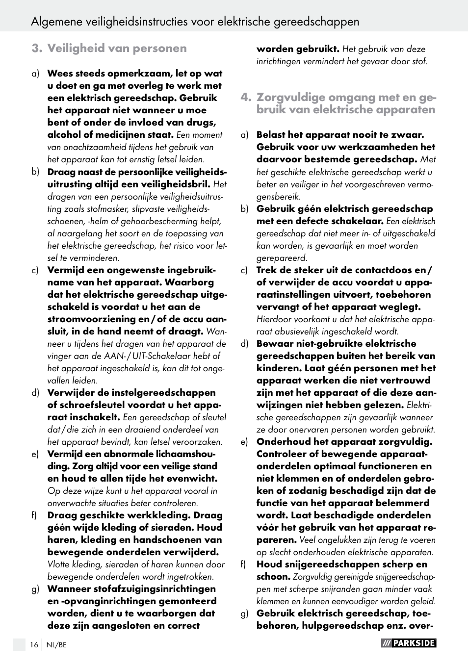 Veiligheid van personen | Parkside PAS 7.2 A1 User Manual | Page 16 / 41