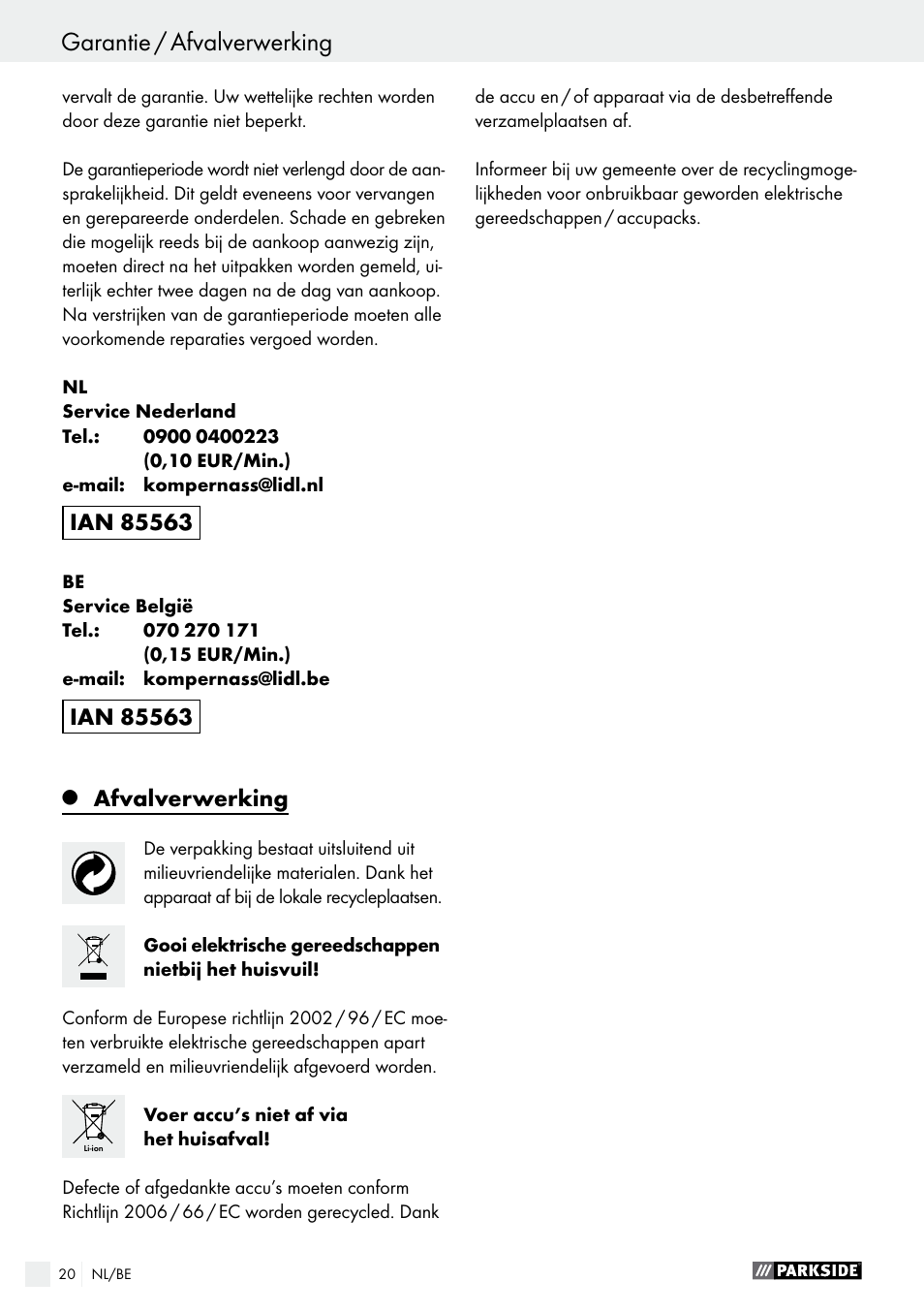 Afvalverwerking | Parkside PAS 7.2 A1 User Manual | Page 20 / 41