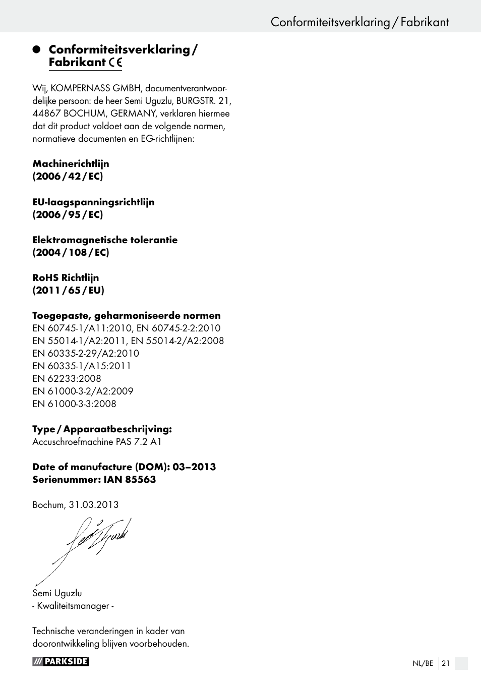 Conformiteitsverklaring / fabrikant | Parkside PAS 7.2 A1 User Manual | Page 21 / 41