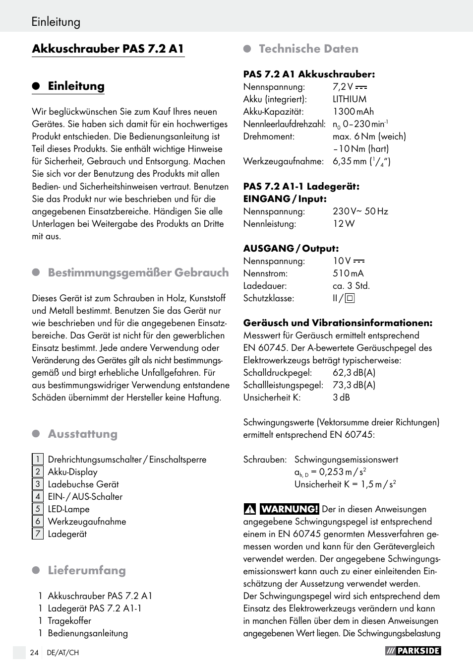 Einleitung, Akkuschrauber pas 7.2 a1, Bestimmungsgemäßer gebrauch | Ausstattung, Lieferumfang, Technische daten | Parkside PAS 7.2 A1 User Manual | Page 24 / 41