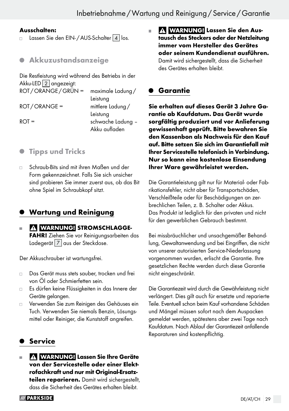 Akkuzustandsanzeige, Tipps und tricks, Wartung und reinigung | Service, Garantie | Parkside PAS 7.2 A1 User Manual | Page 29 / 41