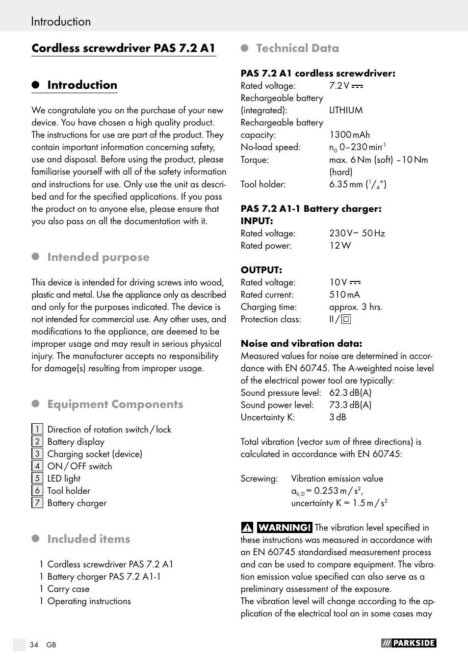 Introduction, Cordless screwdriver pas 7.2 a1, Intended purpose | Equipment components, Included items, Technical data | Parkside PAS 7.2 A1 User Manual | Page 34 / 41