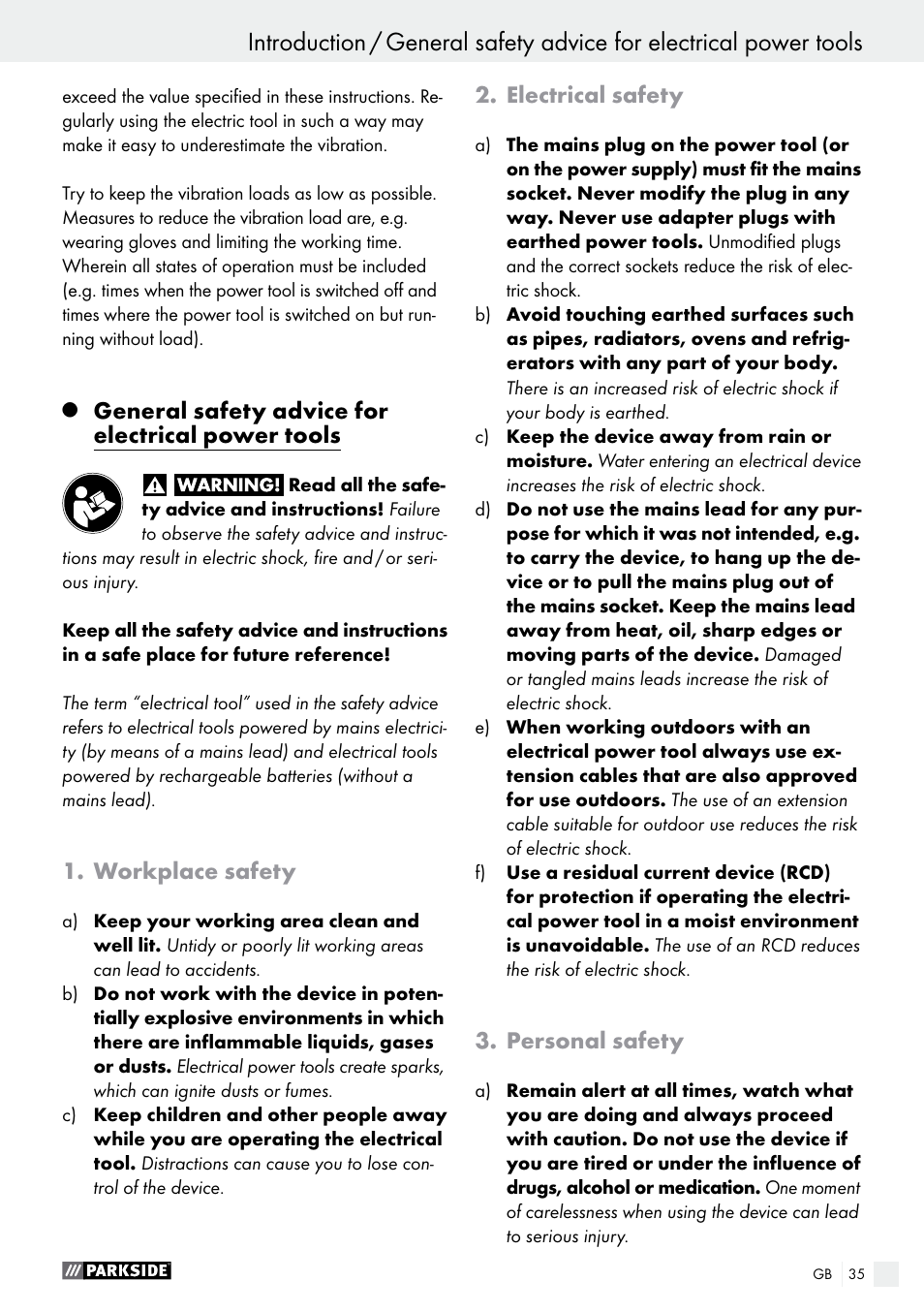 General safety advice for electrical power tools, Workplace safety, Electrical safety | Personal safety | Parkside PAS 7.2 A1 User Manual | Page 35 / 41