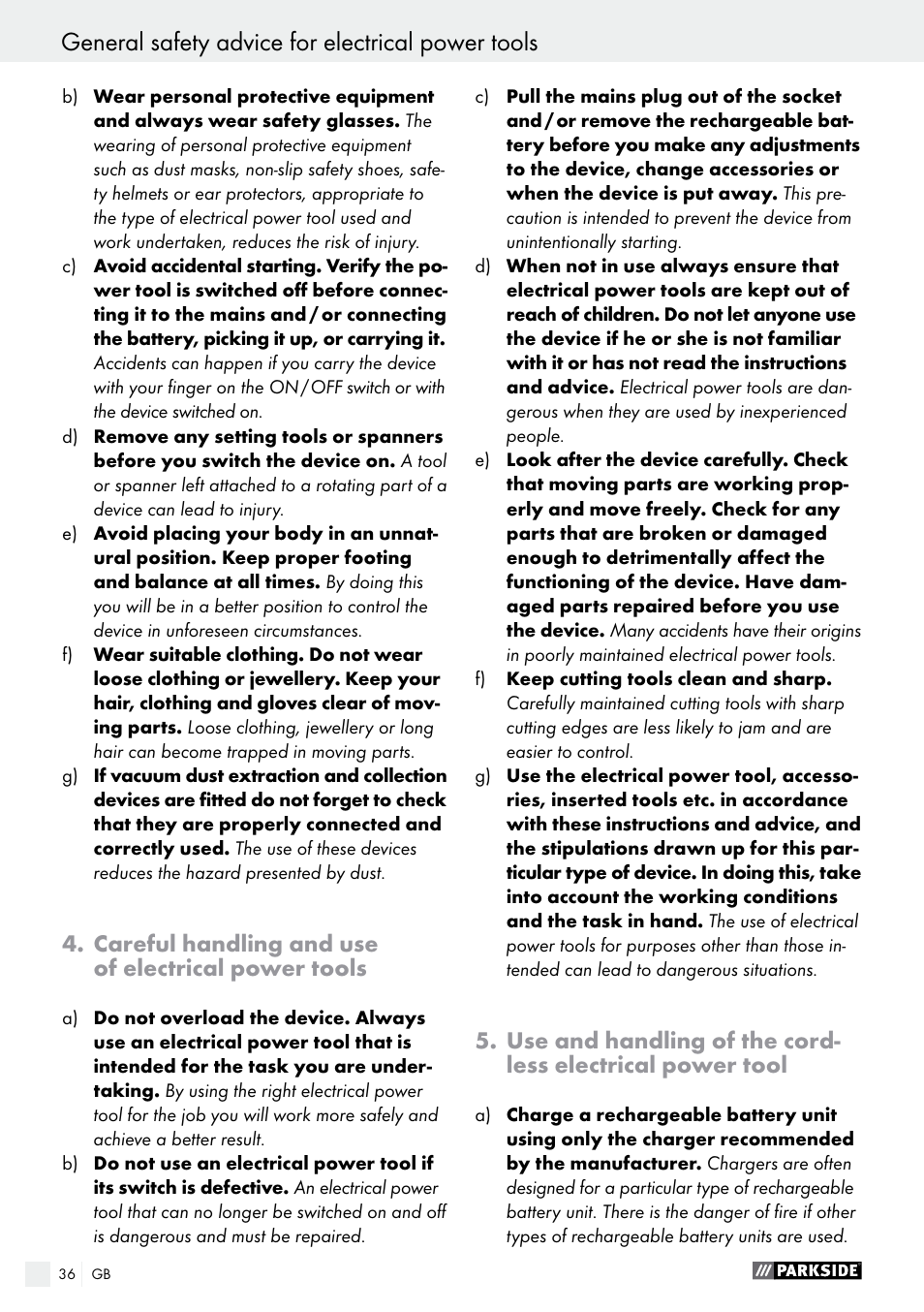 General safety advice for electrical power tools | Parkside PAS 7.2 A1 User Manual | Page 36 / 41
