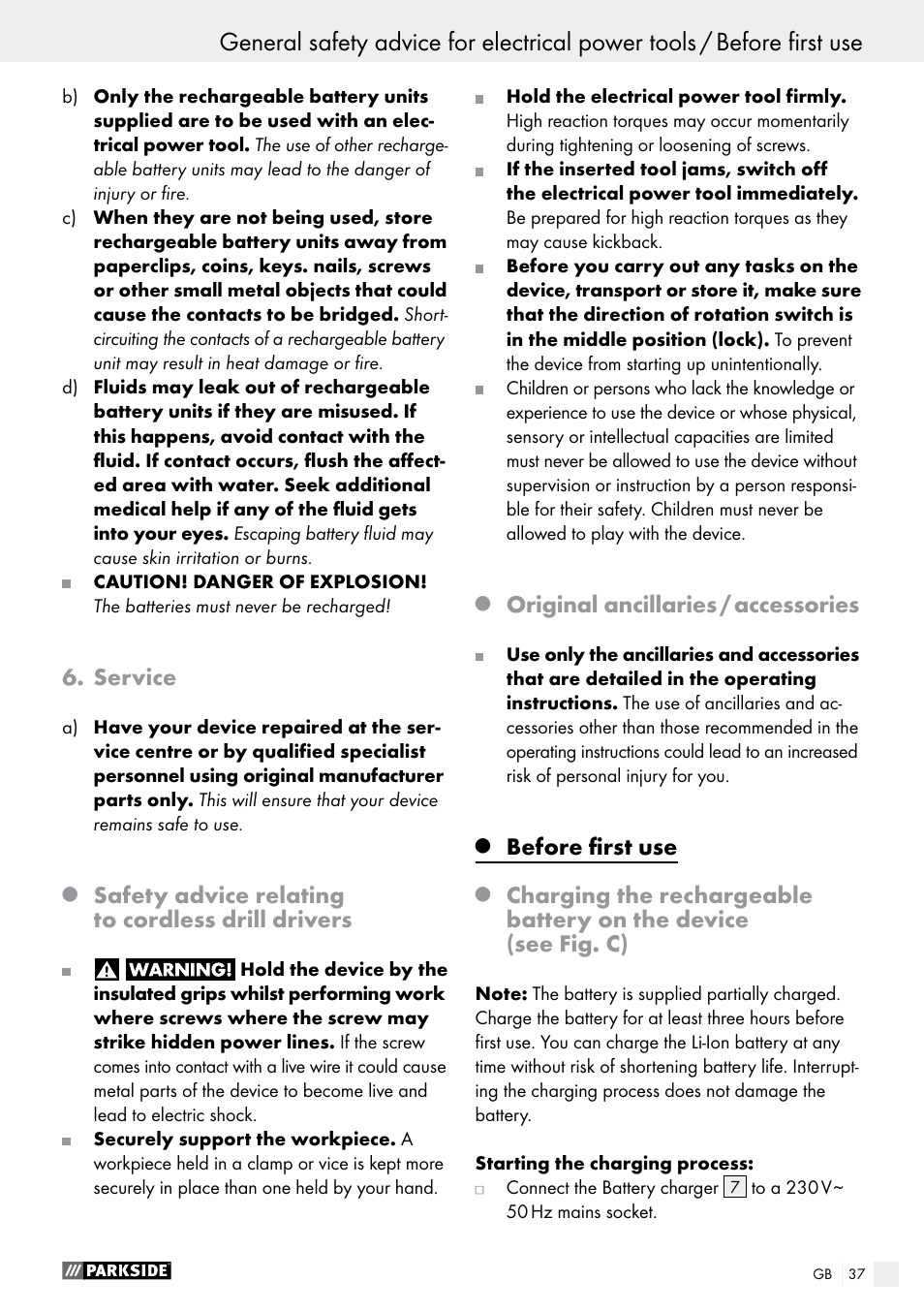 Service, Safety advice relating to cordless drill drivers, Original ancillaries / accessories | Before first use | Parkside PAS 7.2 A1 User Manual | Page 37 / 41