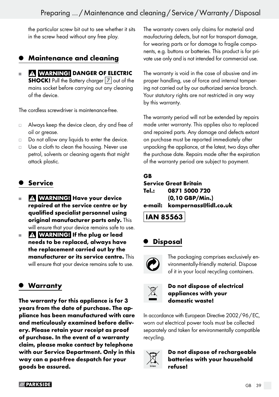 Maintenance and cleaning, Service, Warranty | Disposal | Parkside PAS 7.2 A1 User Manual | Page 39 / 41