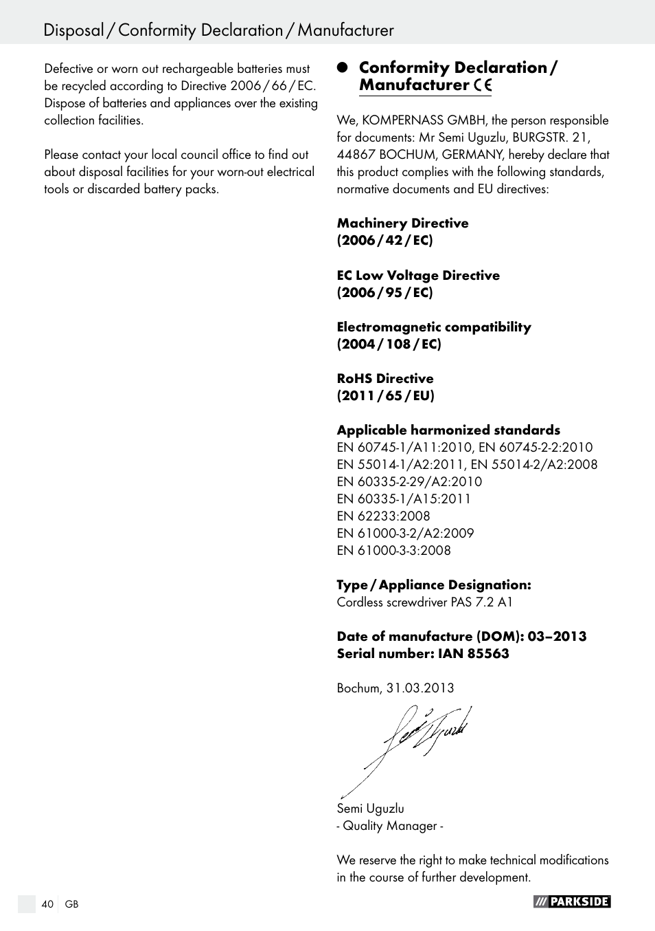 Disposal / conformity declaration / manufacturer, Conformity declaration / manufacturer | Parkside PAS 7.2 A1 User Manual | Page 40 / 41