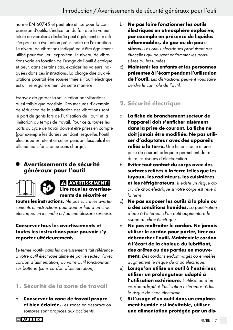 Avertissements de sécurité généraux pour l’outil, Sécurité de la zone de travail, Sécurité électrique | Parkside PAS 7.2 A1 User Manual | Page 7 / 41