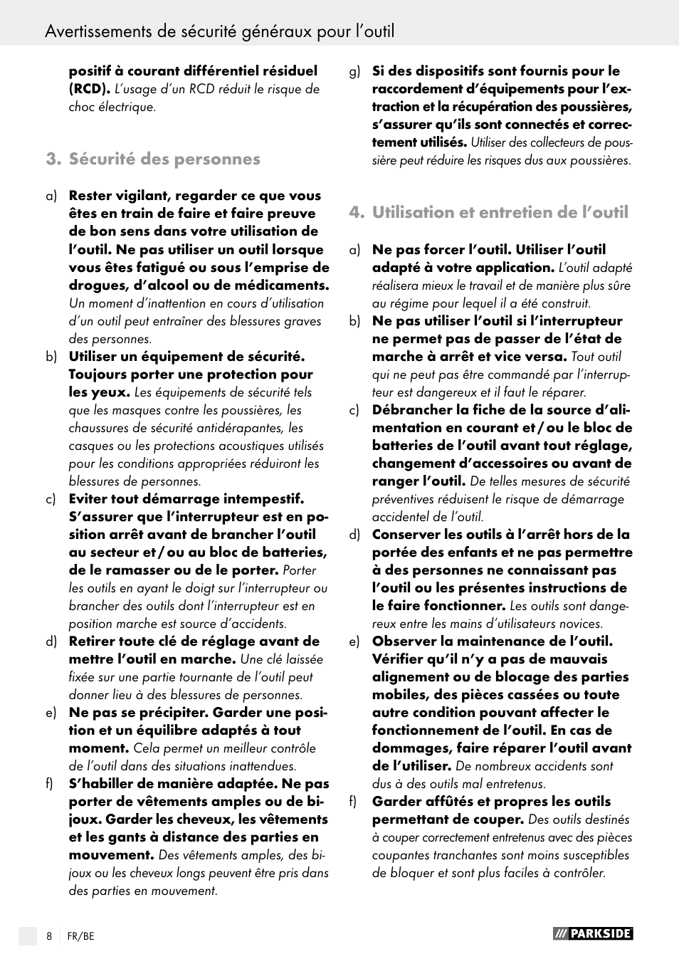 Avertissements de sécurité généraux pour l’outil, Sécurité des personnes, Utilisation et entretien de l’outil | Parkside PAS 7.2 A1 User Manual | Page 8 / 41