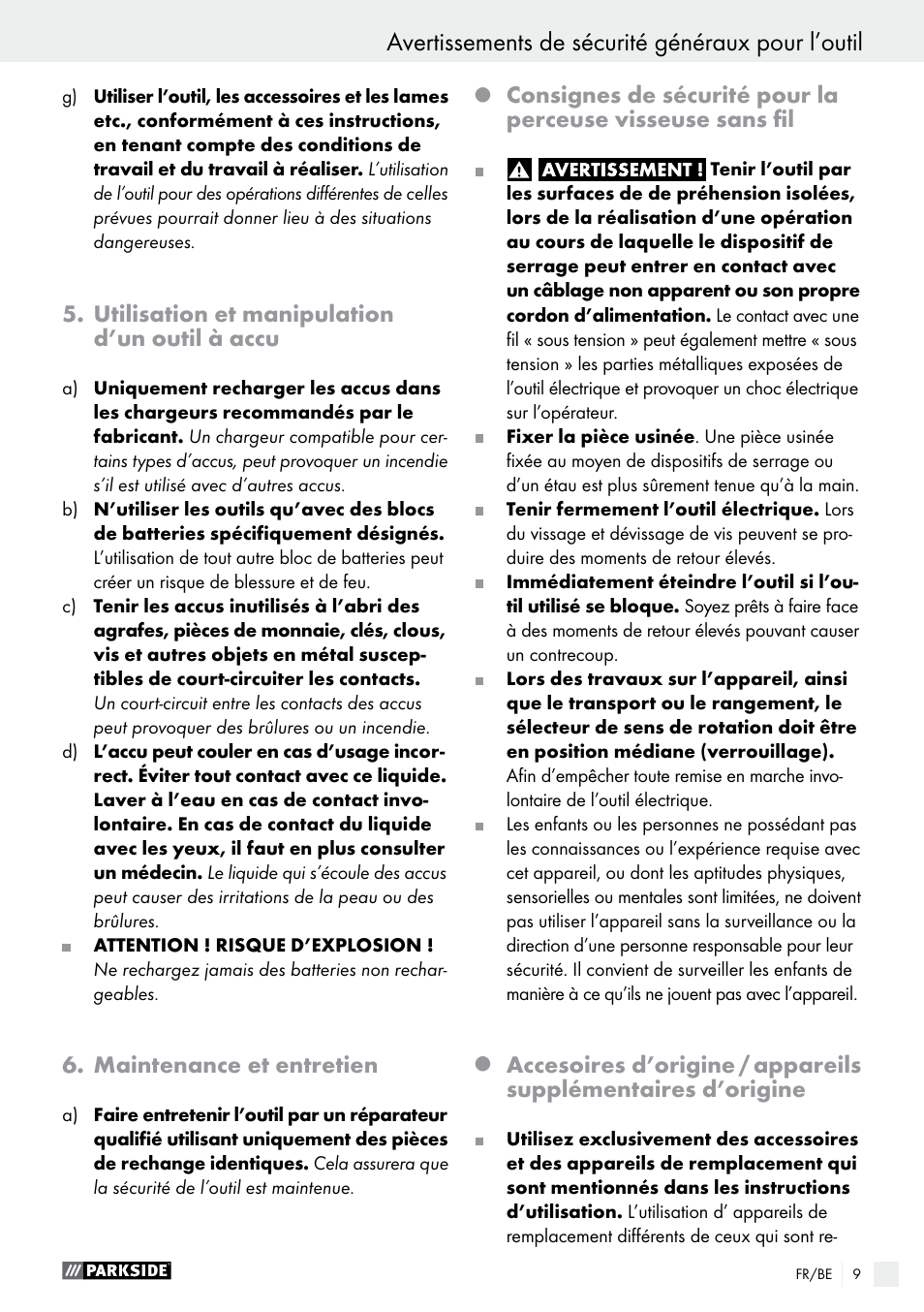 Avertissements de sécurité généraux pour l’outil, Utilisation et manipulation d’un outil à accu, Maintenance et entretien | Parkside PAS 7.2 A1 User Manual | Page 9 / 41