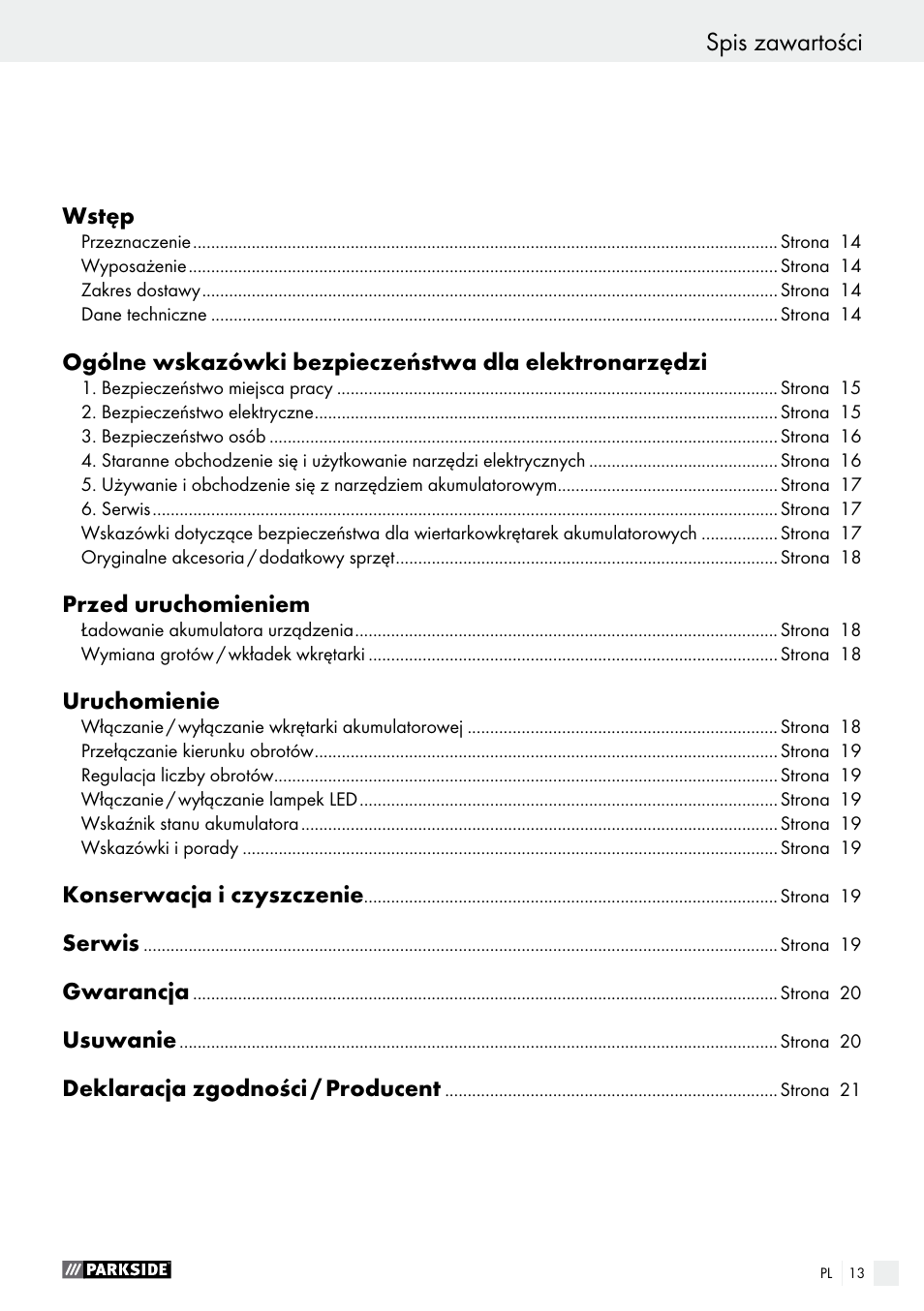 Spis zawartości, Disposal / conformity declaration / manufacturer | Parkside PAS 7.2 A1 User Manual | Page 13 / 58