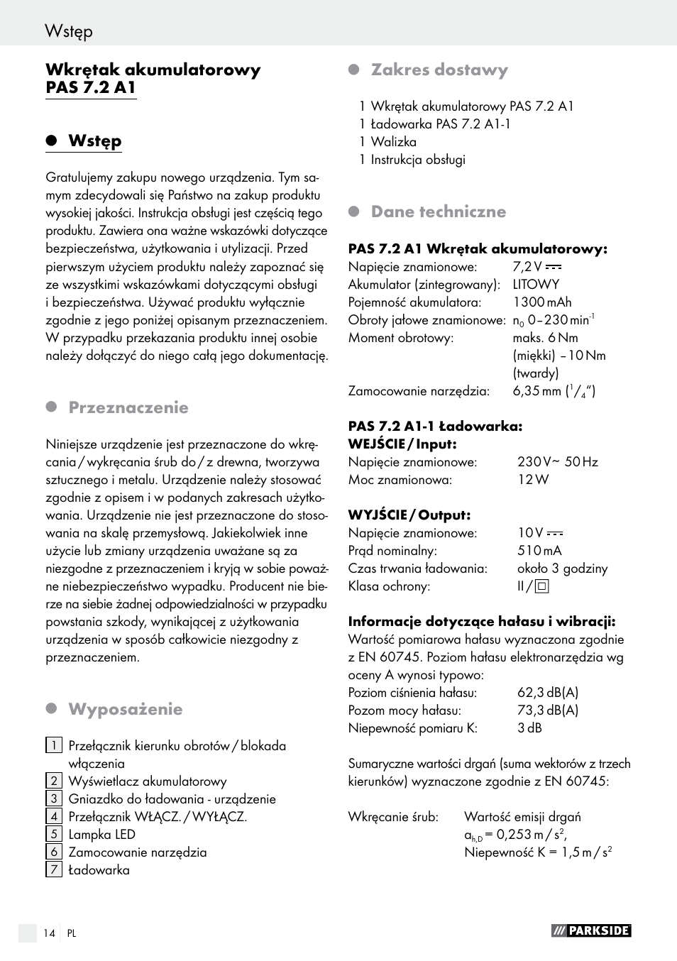 Wkrętak akumulatorowy pas 7.2 a1, Wstęp, Przeznaczenie | Wyposażenie, Zakres dostawy, Dane techniczne | Parkside PAS 7.2 A1 User Manual | Page 14 / 58