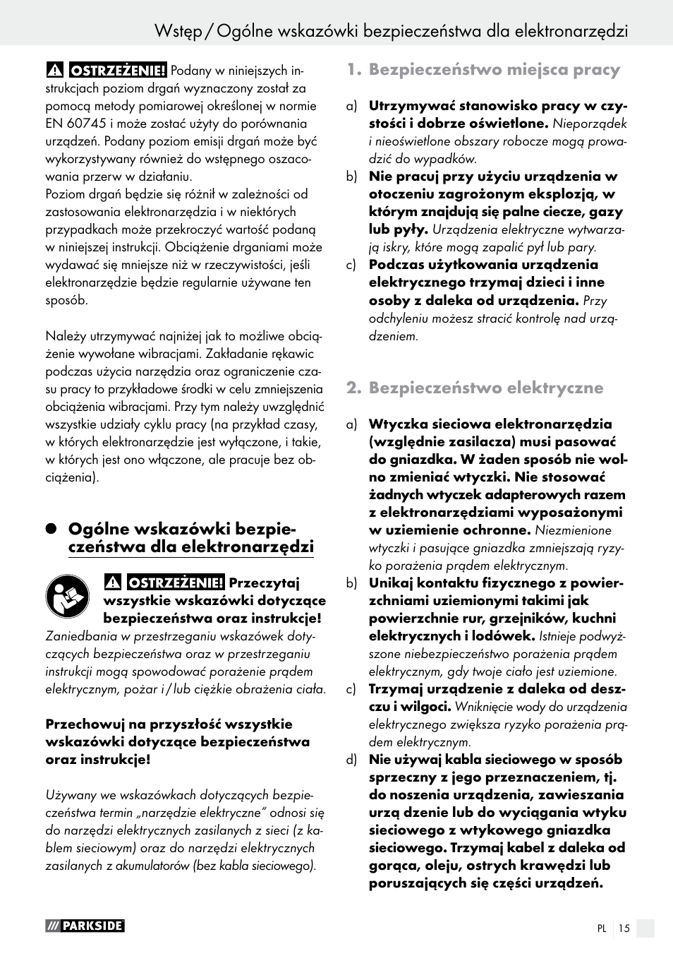 Bezpieczeństwo miejsca pracy, Bezpieczeństwo elektryczne | Parkside PAS 7.2 A1 User Manual | Page 15 / 58