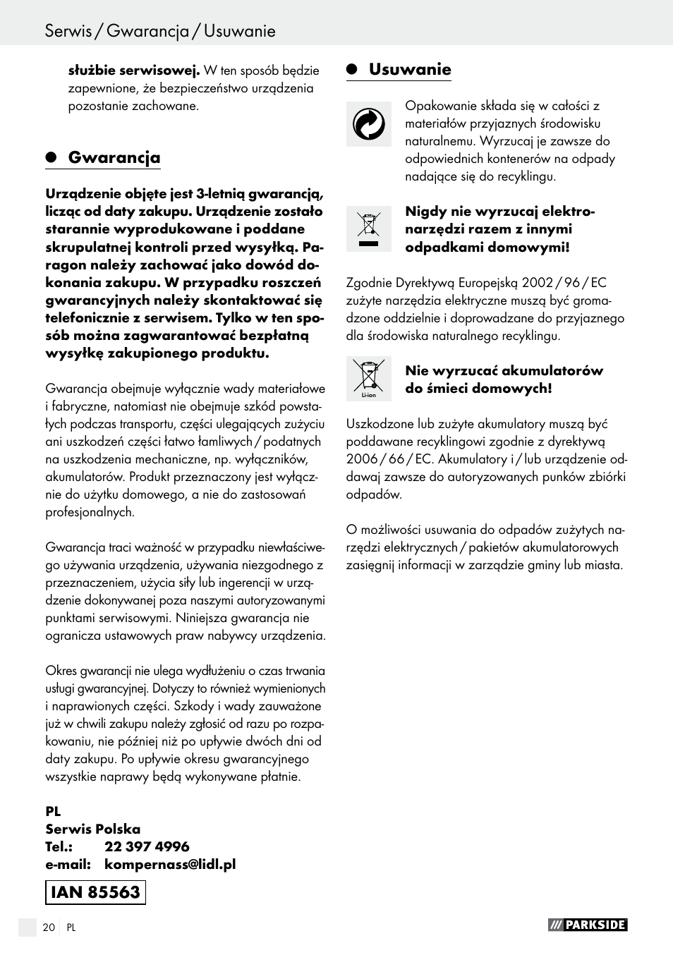 Gwarancja, Usuwanie | Parkside PAS 7.2 A1 User Manual | Page 20 / 58