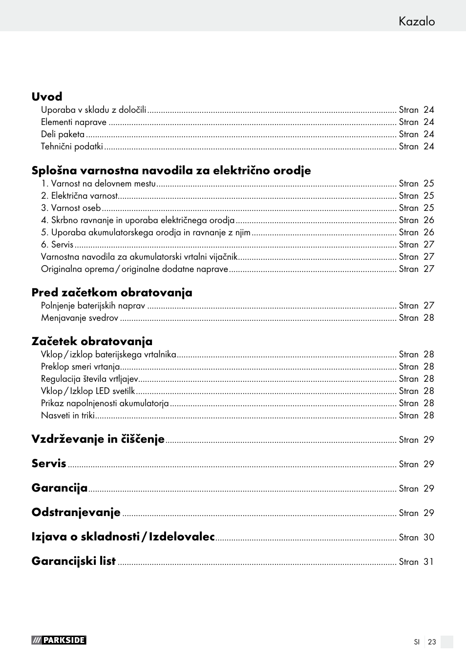 Kazalo | Parkside PAS 7.2 A1 User Manual | Page 23 / 58