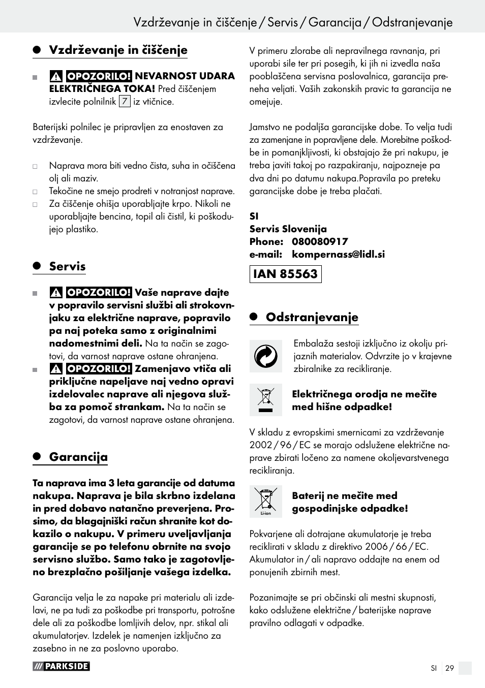 Vzdrževanje in čiščenje, Servis, Garancija | Odstranjevanje | Parkside PAS 7.2 A1 User Manual | Page 29 / 58