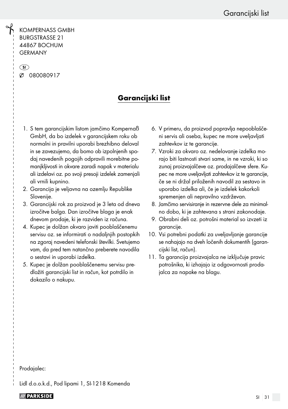 Garancijski list izjava o skladnosti / izdelovalec, Garancijski list | Parkside PAS 7.2 A1 User Manual | Page 31 / 58