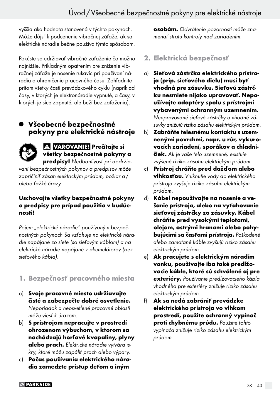 Bezpečnosť pracovného miesta, Elektrická bezpečnosť | Parkside PAS 7.2 A1 User Manual | Page 43 / 58