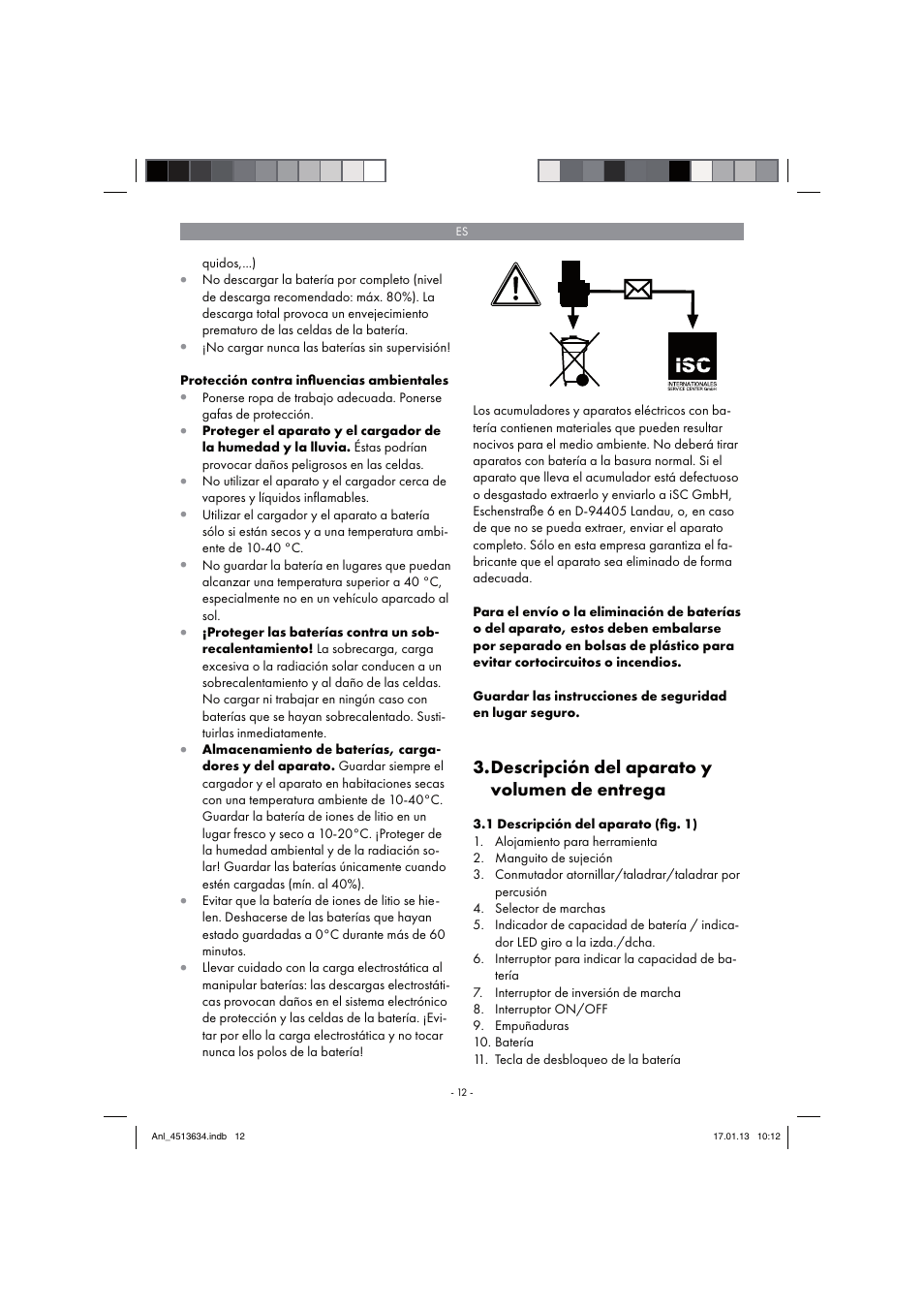 Descripción del aparato y volumen de entrega | Parkside PABH 18 LI A1 User Manual | Page 12 / 90