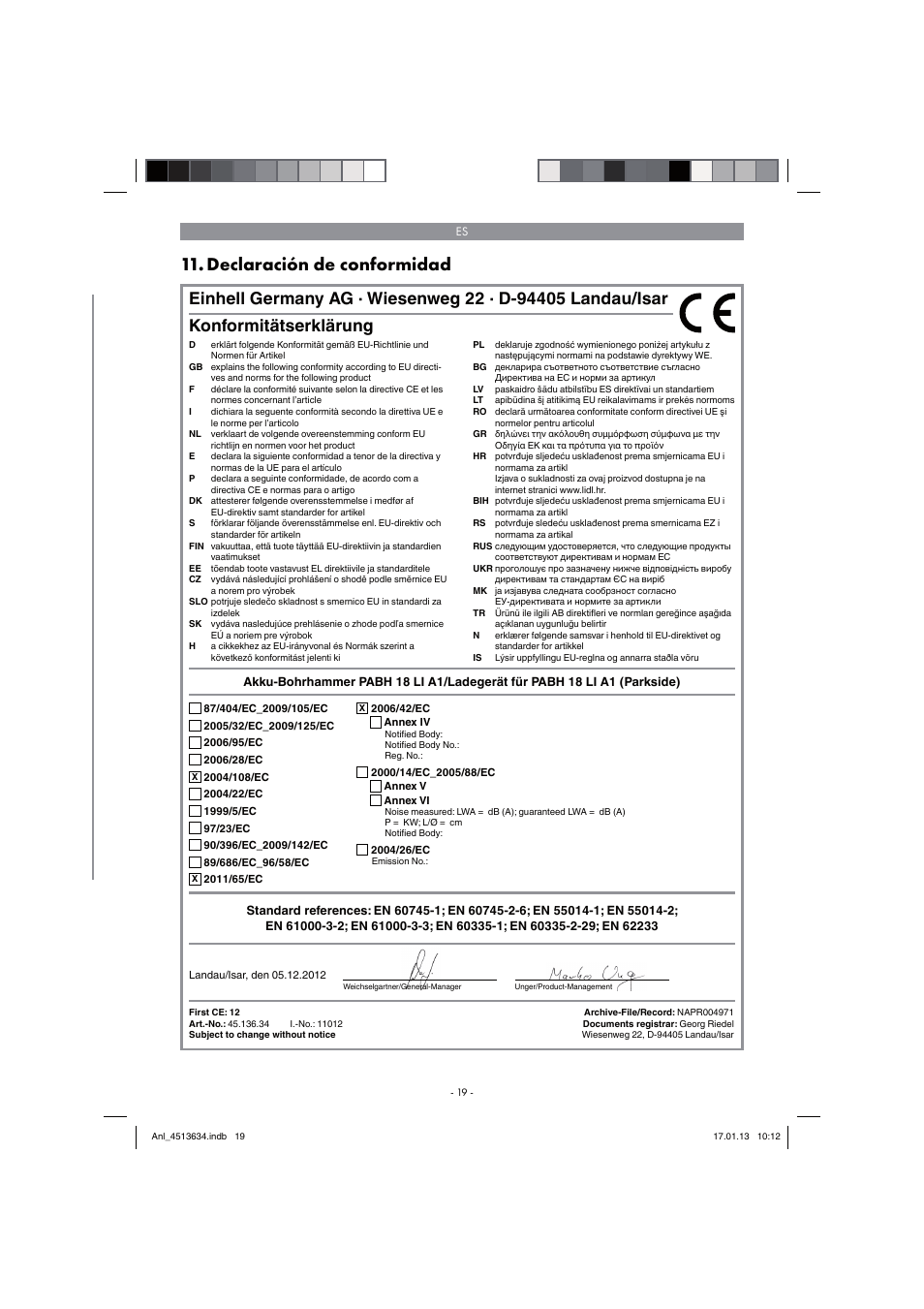 Declaración de conformidad, Konformitätserklärung | Parkside PABH 18 LI A1 User Manual | Page 19 / 90