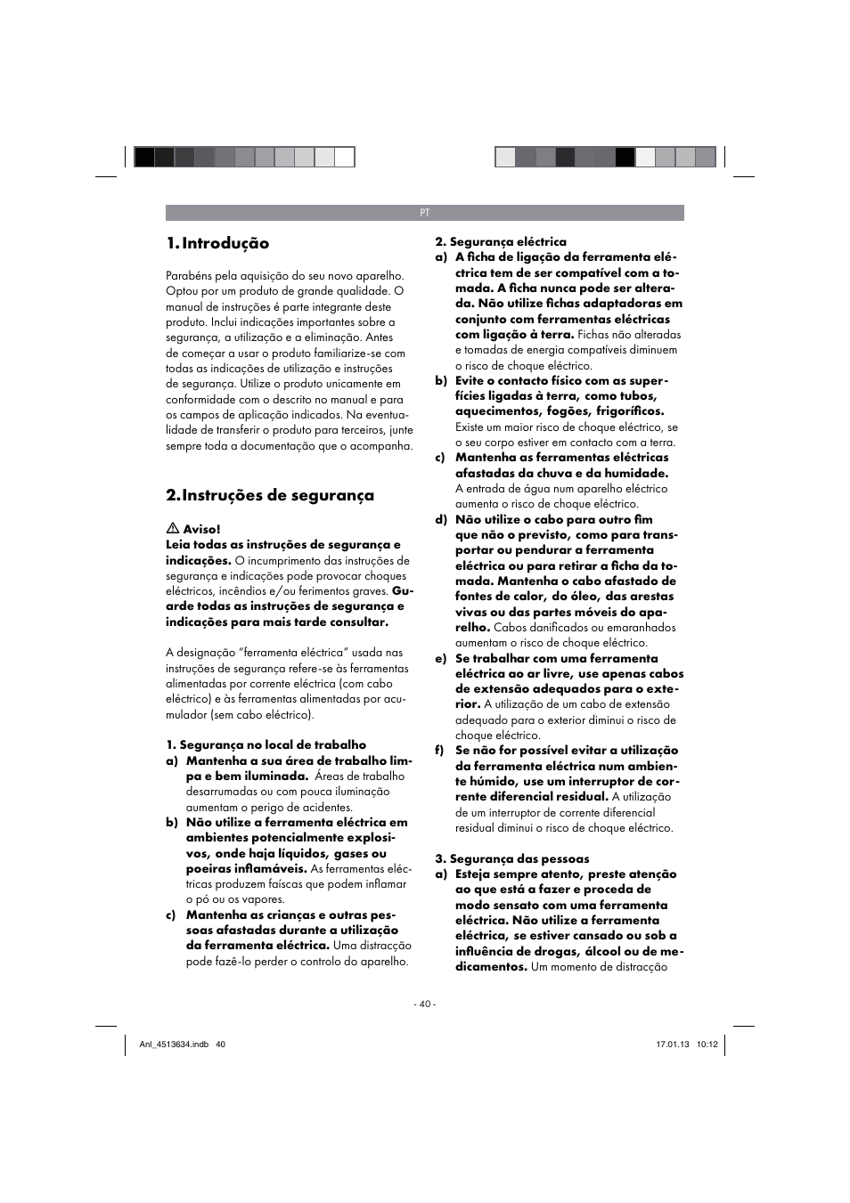 Introdução, Instruções de segurança | Parkside PABH 18 LI A1 User Manual | Page 40 / 90