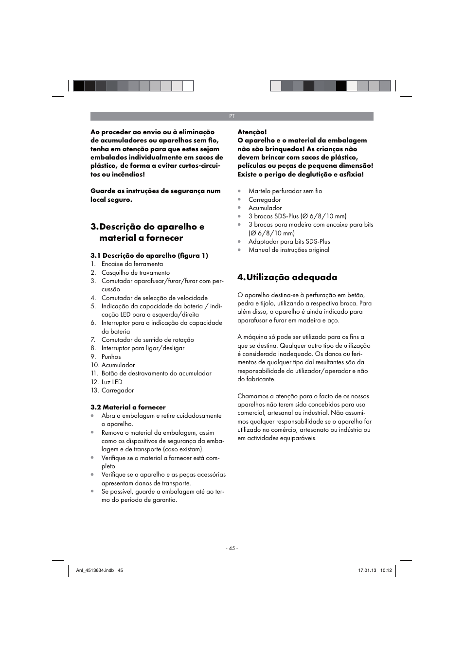 Descrição do aparelho e material a fornecer, Utilização adequada | Parkside PABH 18 LI A1 User Manual | Page 45 / 90