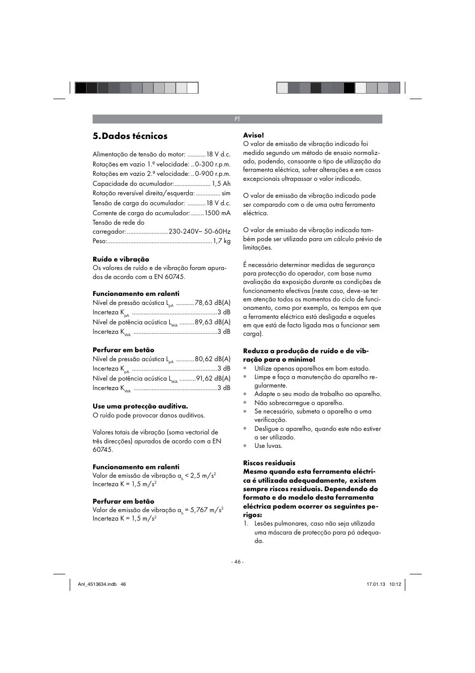 Dados técnicos | Parkside PABH 18 LI A1 User Manual | Page 46 / 90