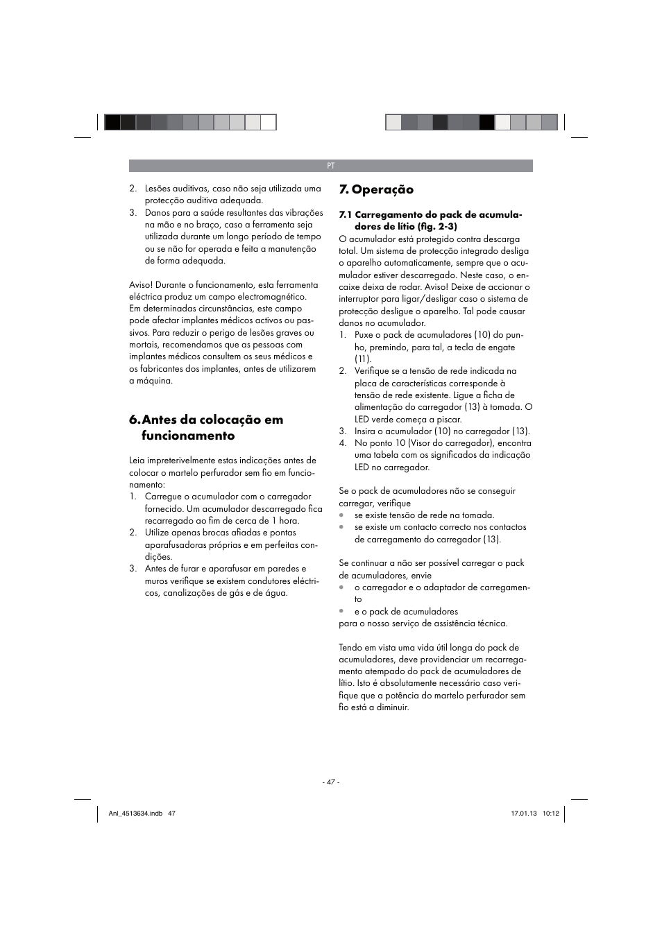 Antes da colocação em funcionamento, Operação | Parkside PABH 18 LI A1 User Manual | Page 47 / 90
