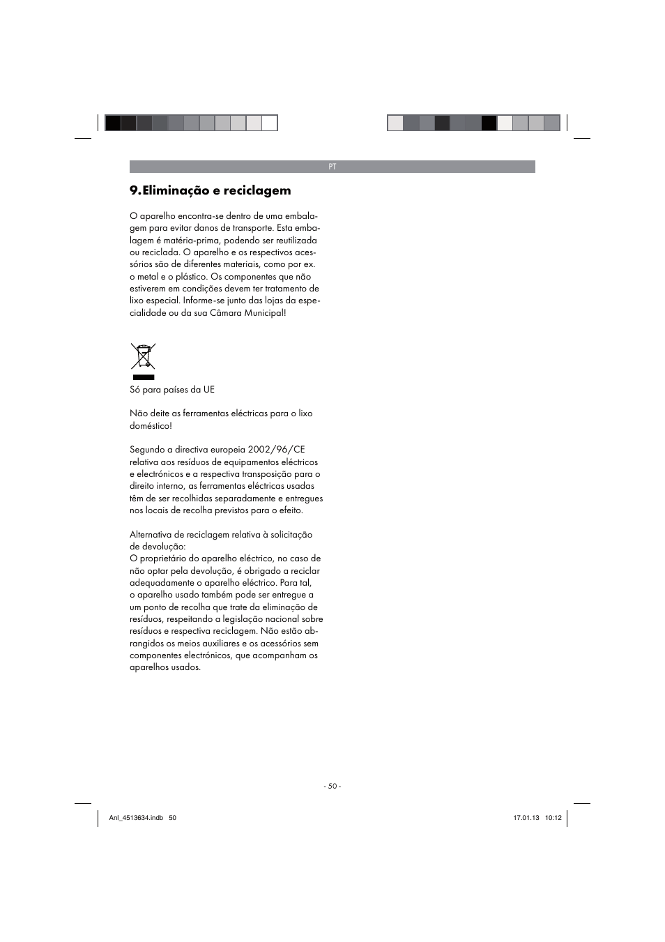 Eliminação e reciclagem | Parkside PABH 18 LI A1 User Manual | Page 50 / 90