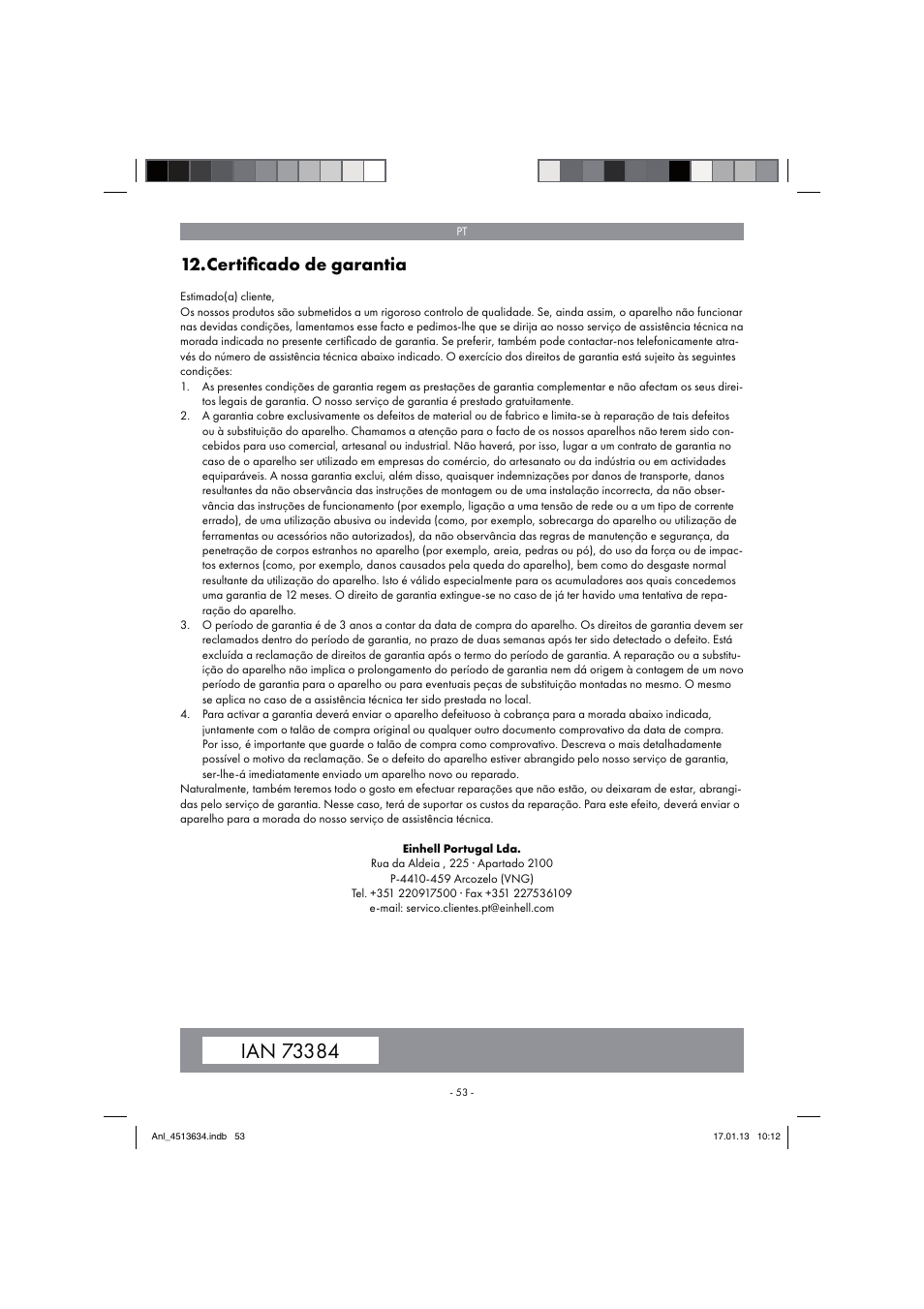 Certiﬁ cado de garantia | Parkside PABH 18 LI A1 User Manual | Page 53 / 90