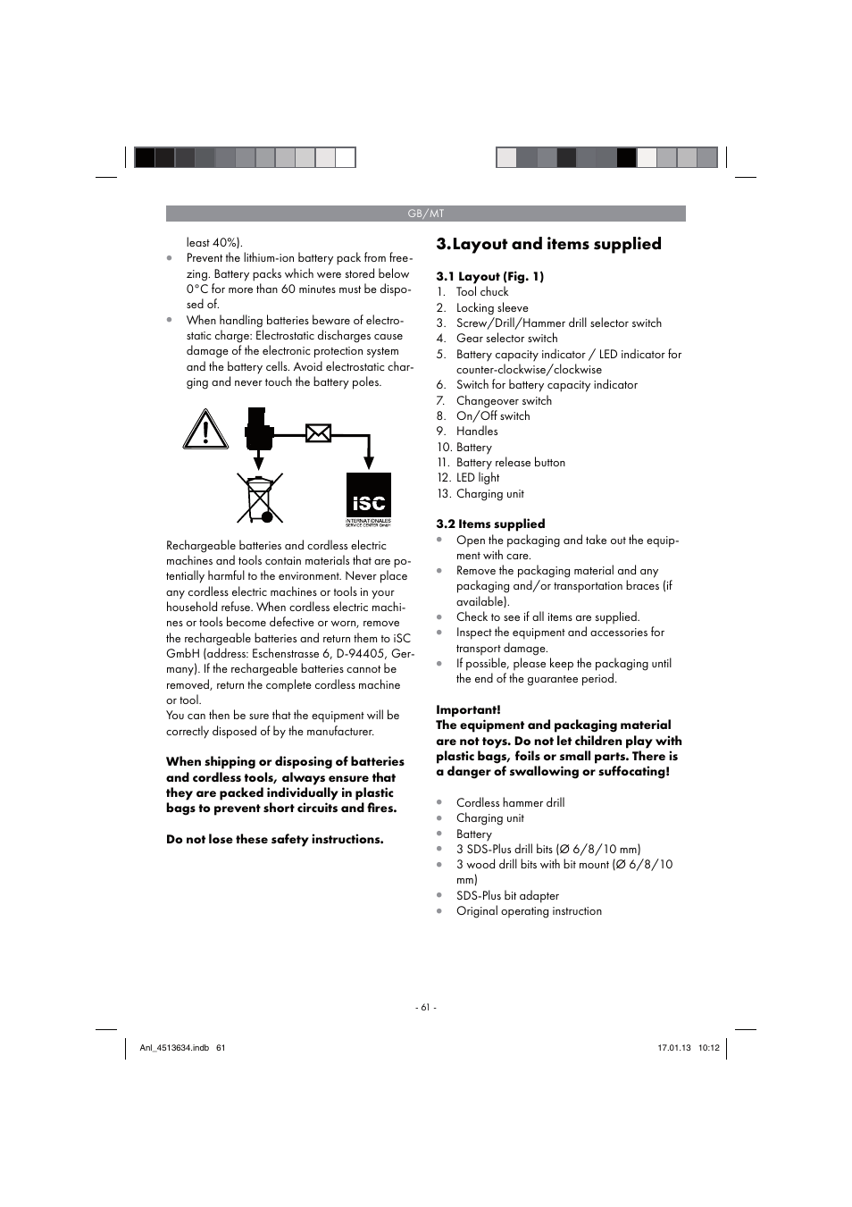 Layout and items supplied | Parkside PABH 18 LI A1 User Manual | Page 61 / 90