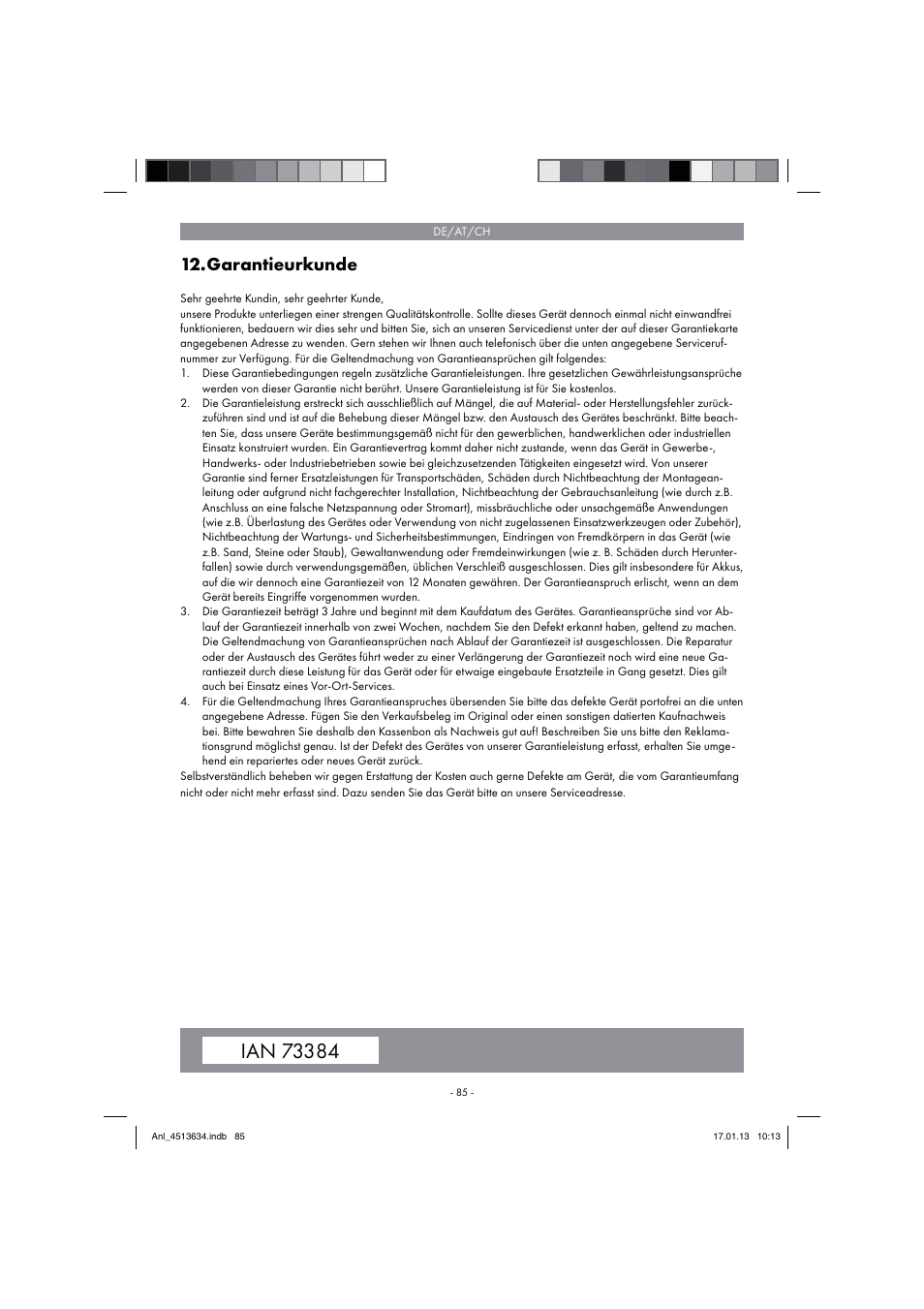 Garantieurkunde | Parkside PABH 18 LI A1 User Manual | Page 85 / 90